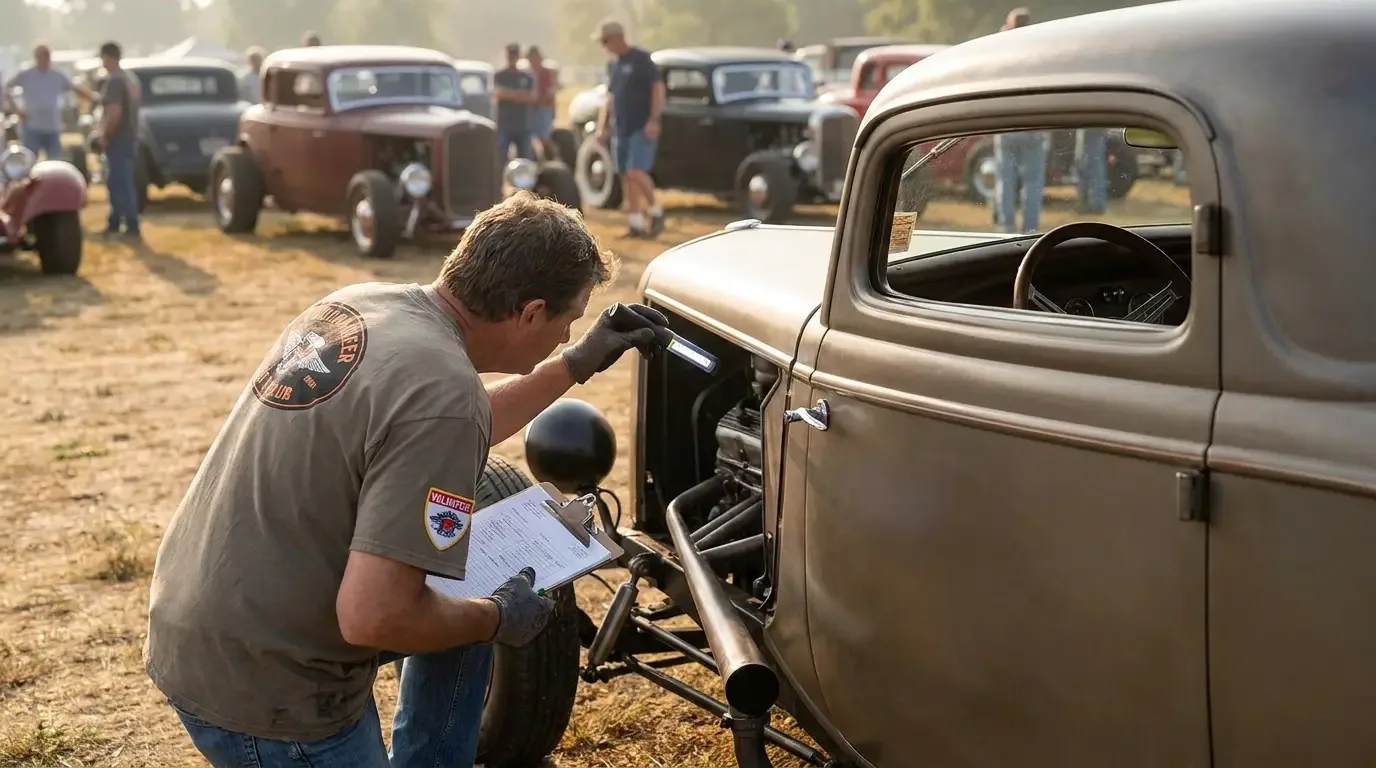 A volunteer inspector in a club shirt crouches beside a street rod at an outdoor event, shining a flashlight on the underside steering while holding a clipboard during a hands-on safety check
