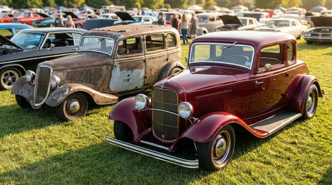 A glossy polished street rod parked beside a rusty patina rat rod at a car show, showing the clean-versus-raw contrast