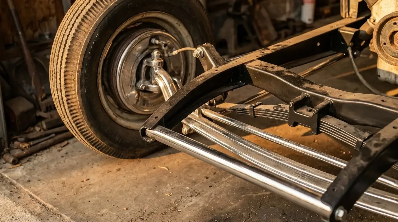 Low-angle detail of a hot rod's suicide-mounted dropped I-beam front axle hung forward of the frame with polished hairpin radius rods
