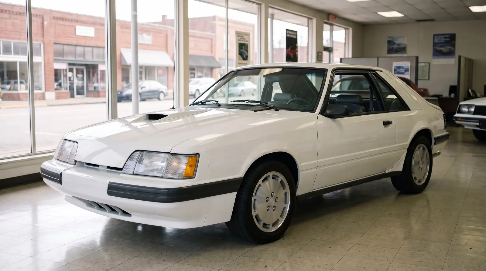 1986 Ford Mustang SVO, in a small-town Ford showroom
