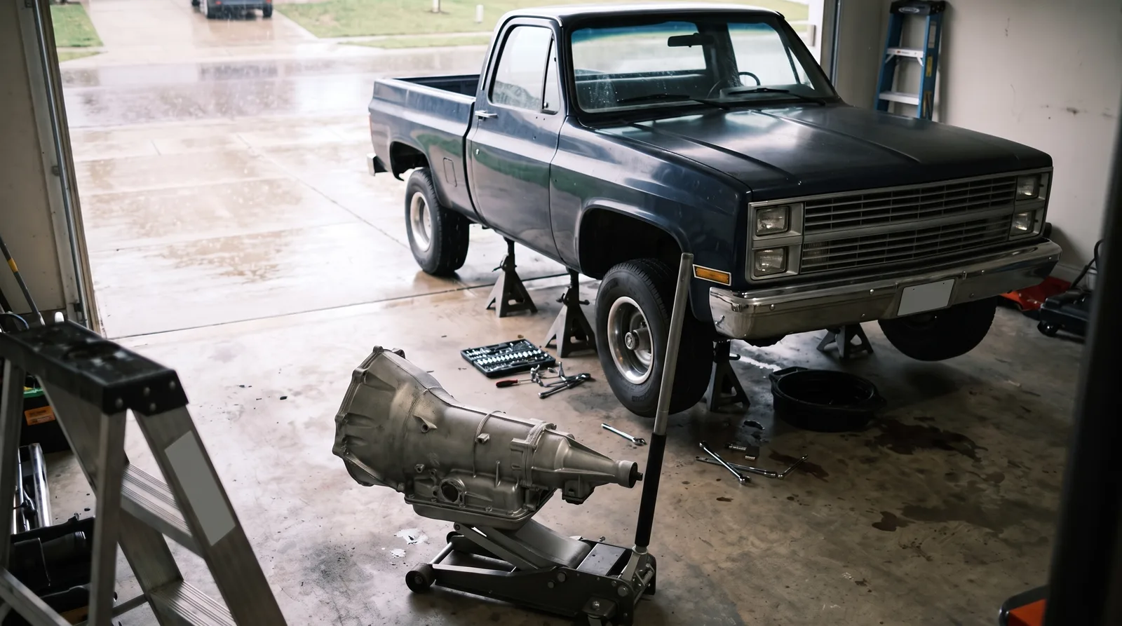 1985 Chevrolet C10 on jack stands, automatic transmission on the garage floor