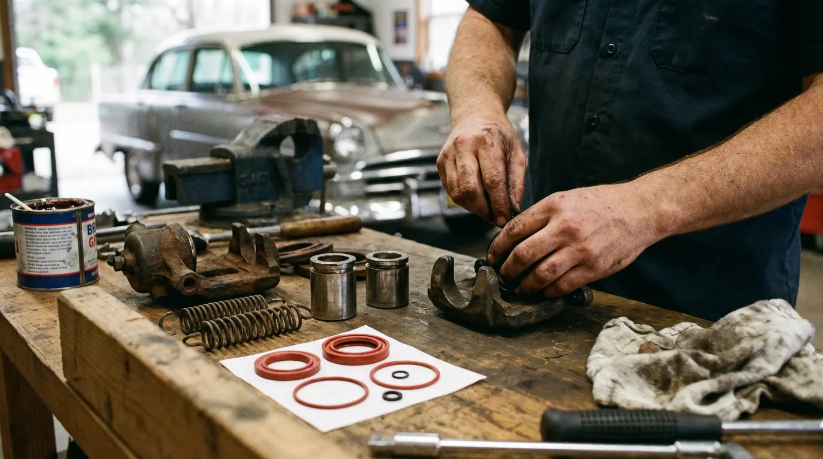 Technician rebuilding an original vintage brake caliper with new seals on a workbench