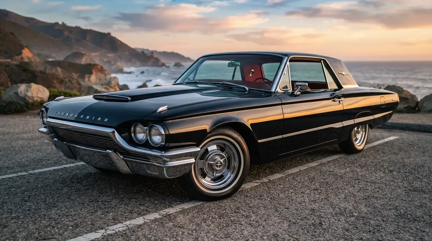 1965 Ford Thunderbird hardtop, three-quarter front view showing front wheel and brake detail