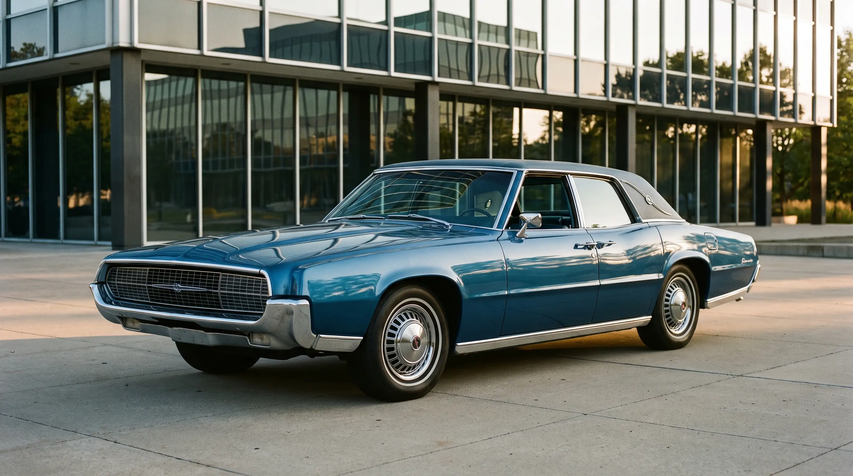 Blue 1967 Ford Thunderbird four door Landau parked by a glass building