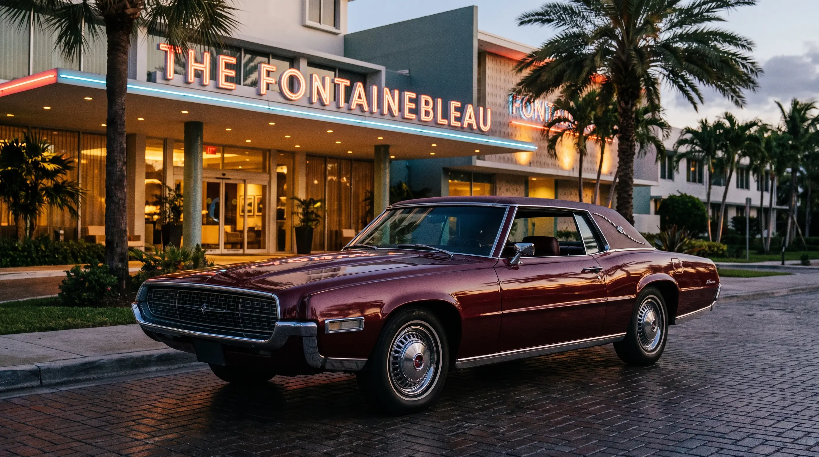 Maroon 1968 Ford Thunderbird Landau outside a glamorous hotel at dusk
