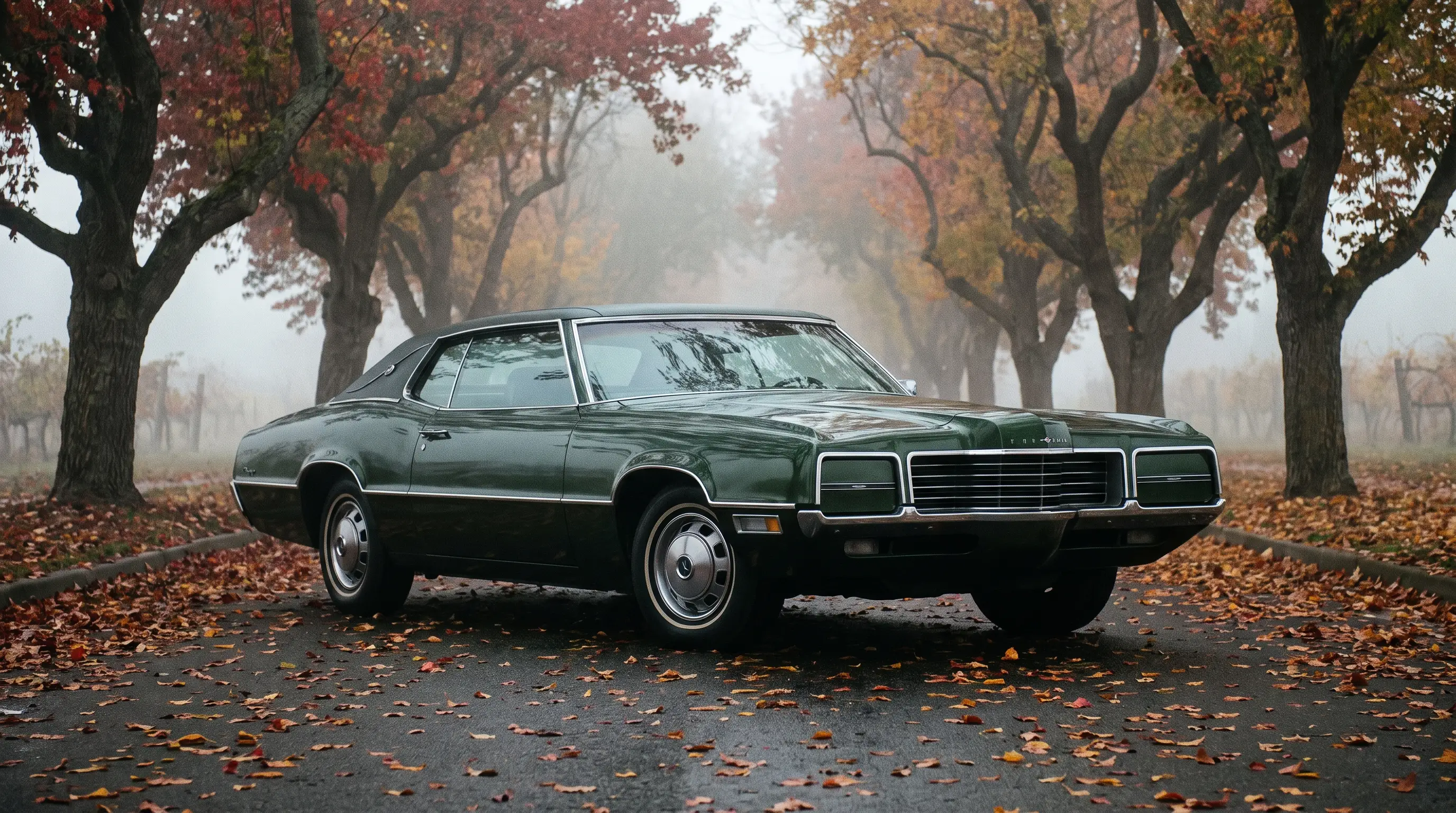 Green 1970 Ford Thunderbird with pointed bird beak nose on a foggy tree lined road