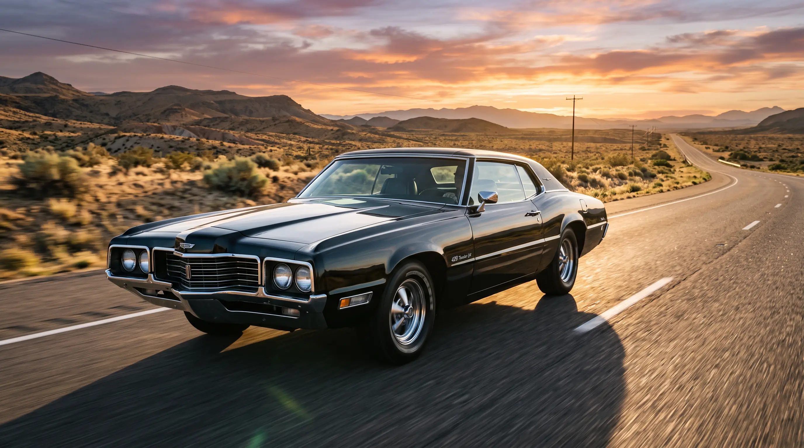 Classic Ford Thunderbird cruising a desert highway at golden hour
