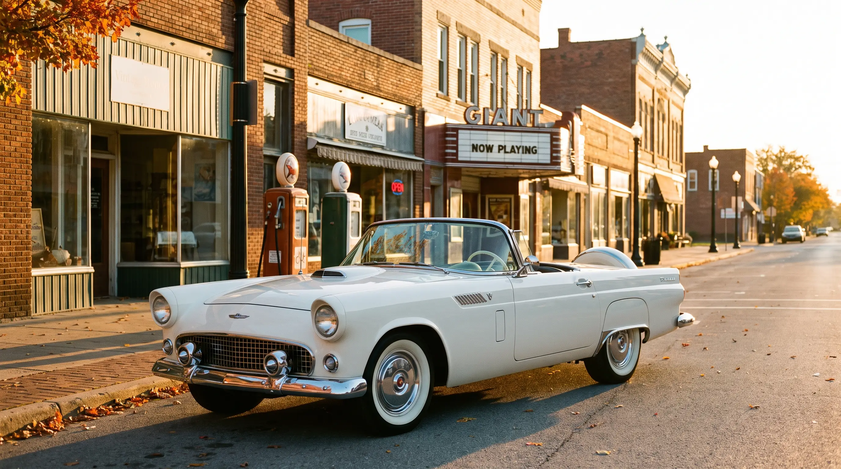 White 1956 Ford Thunderbird parked on a small town street at golden hour