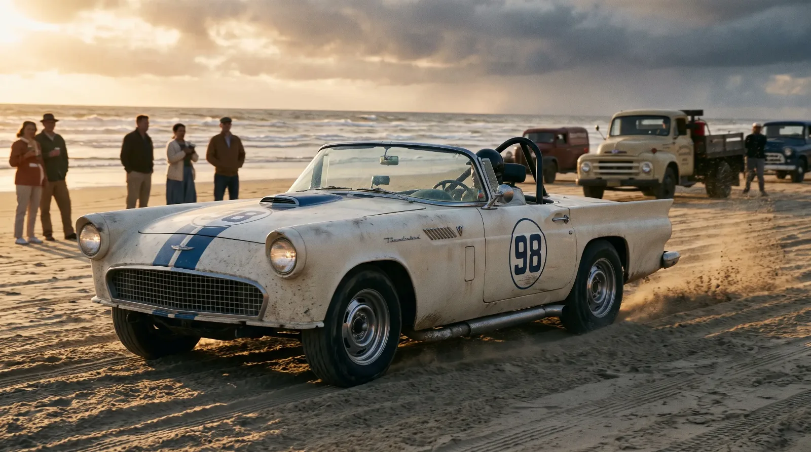 1957 Ford Thunderbird Battlebird racing prototype with racing stripes on a beach racing course