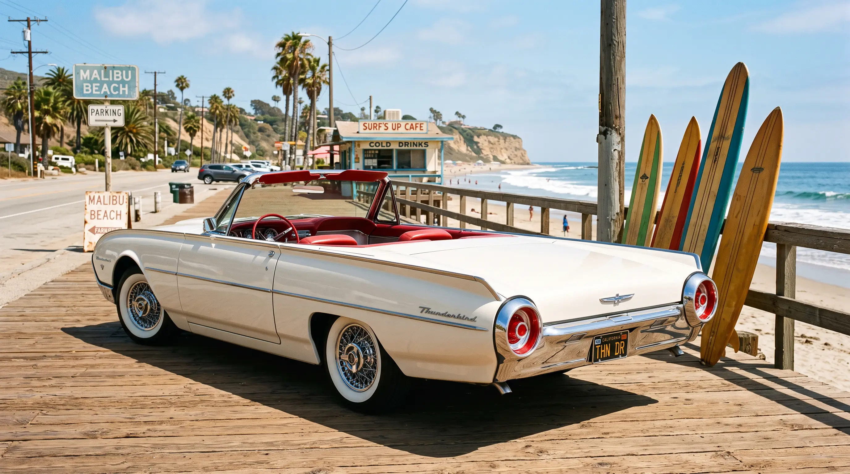 Classic Ford Thunderbird parked near a sunny California beach boardwalk