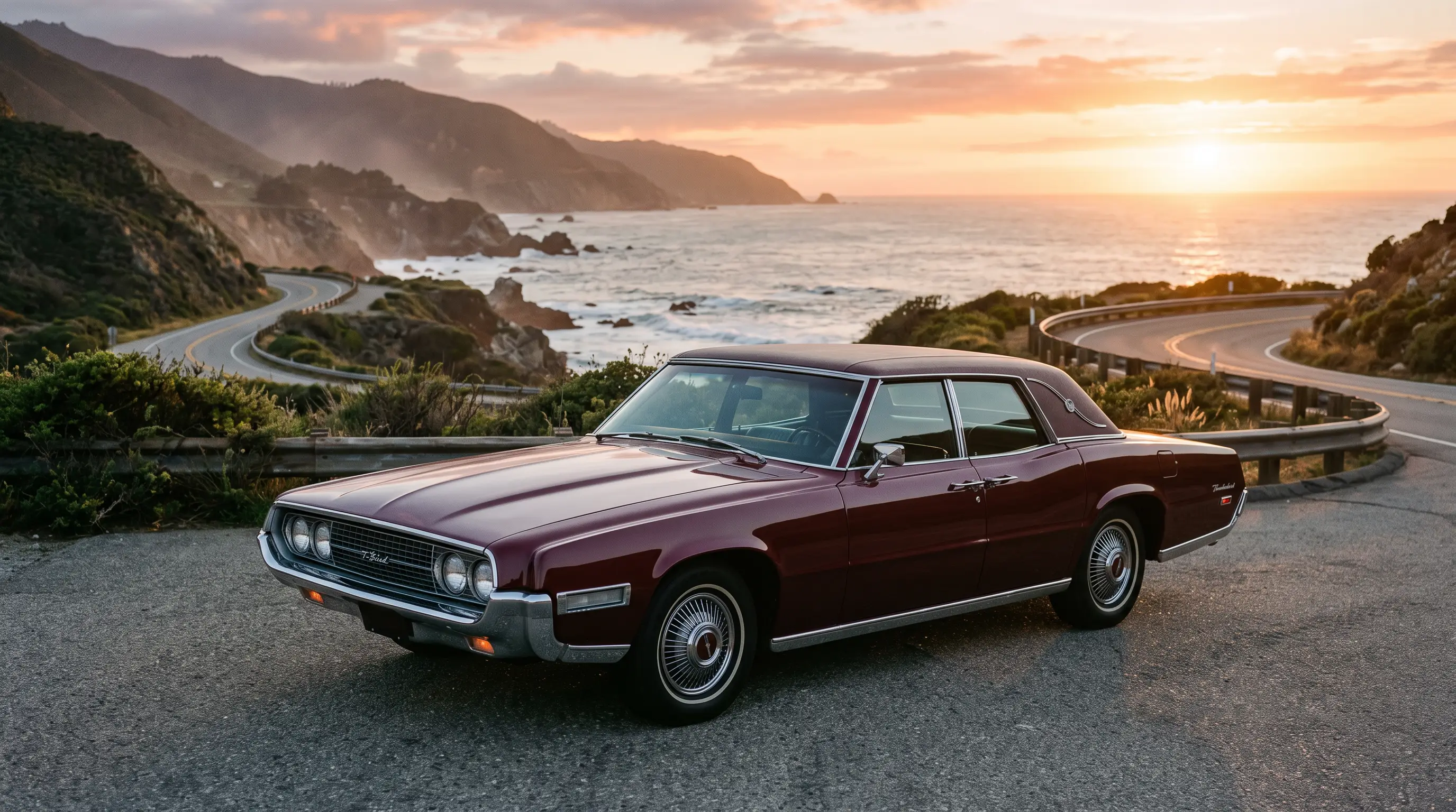 Maroon 1967 Thunderbird four door on a coastal highway overlook at sunset