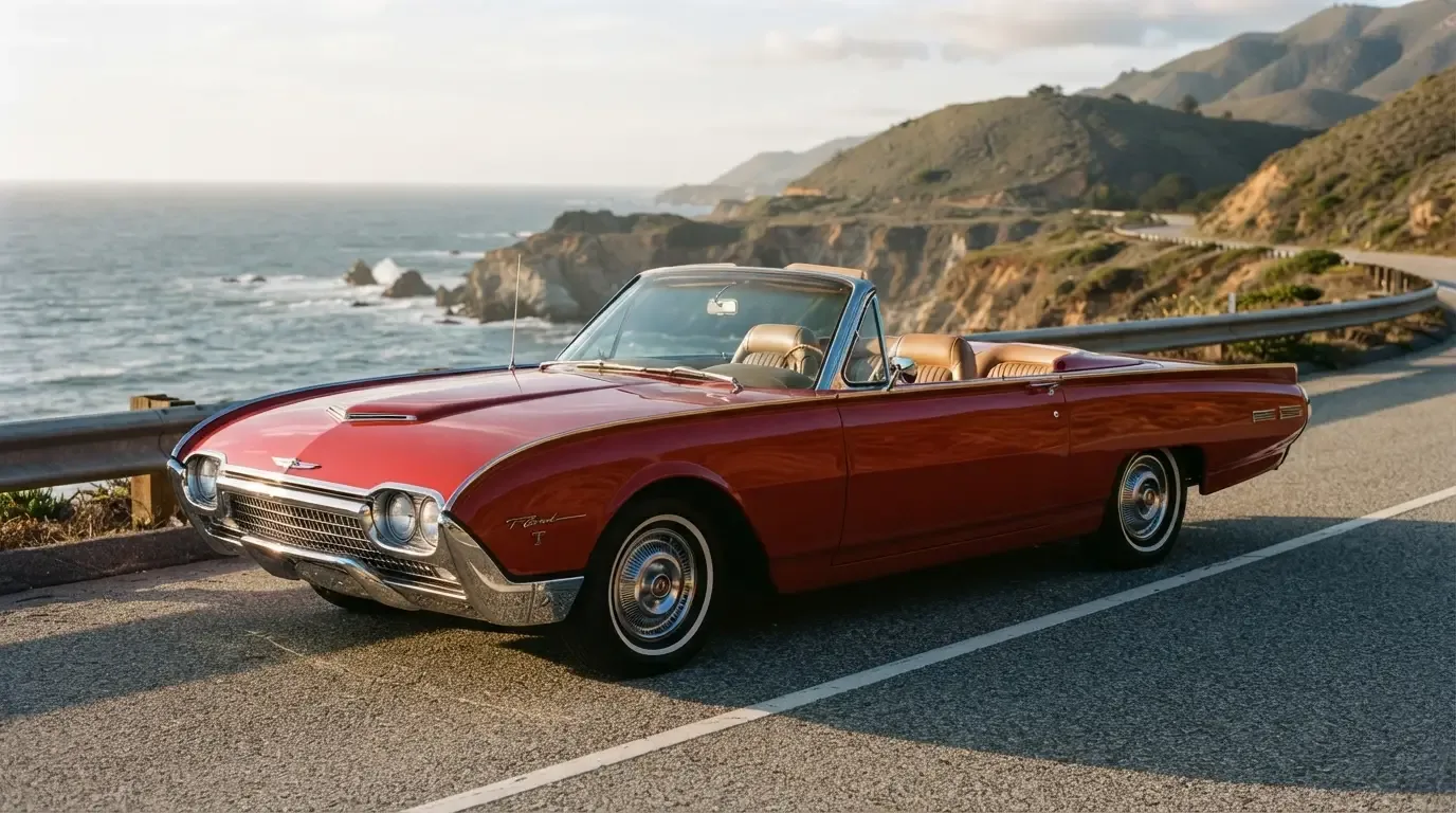 1962 Ford Thunderbird Bullet Bird convertible with top down, three-quarter front view