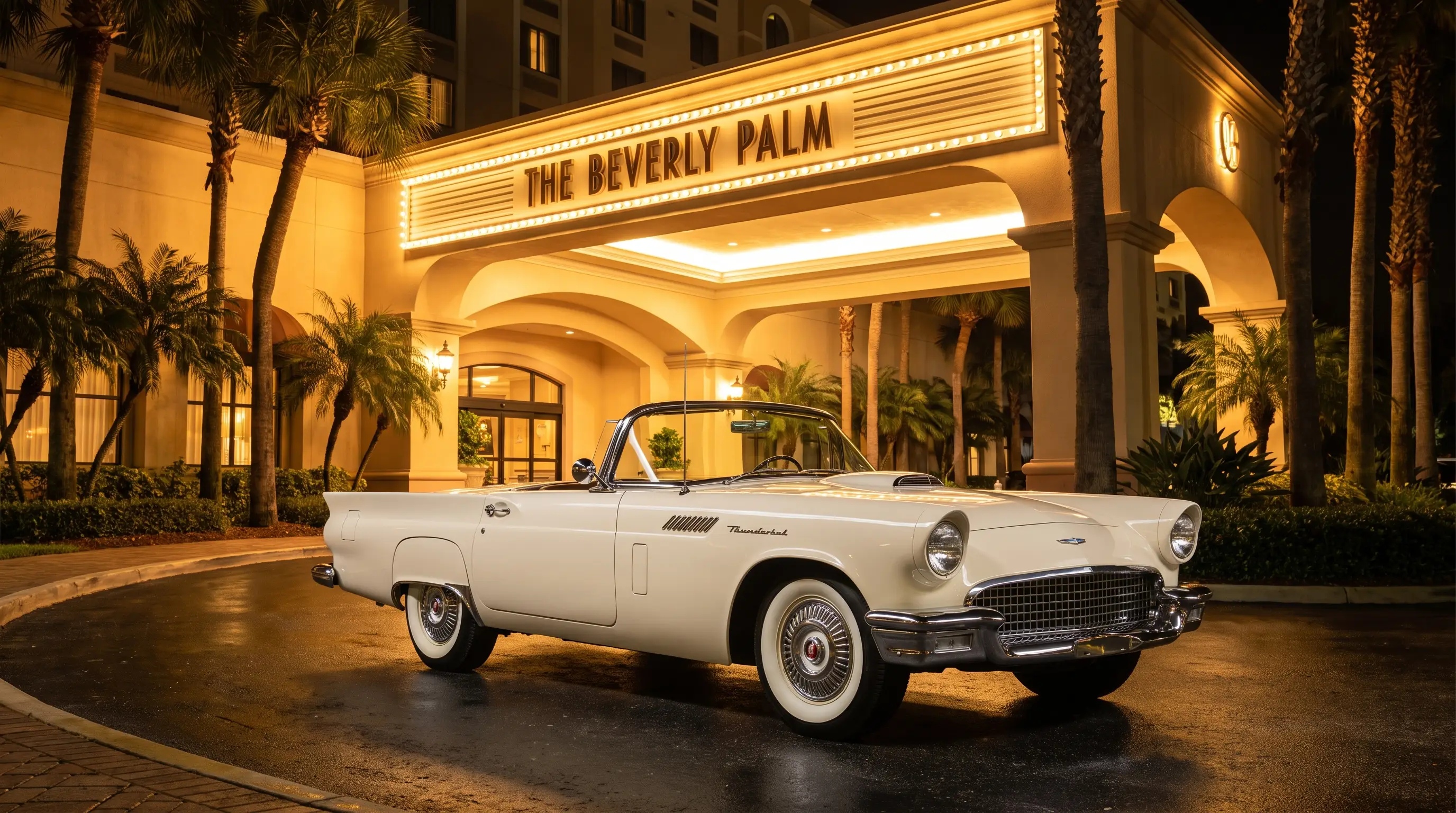 Cream 1957 Ford Thunderbird parked outside a glamorous mid century hotel at night