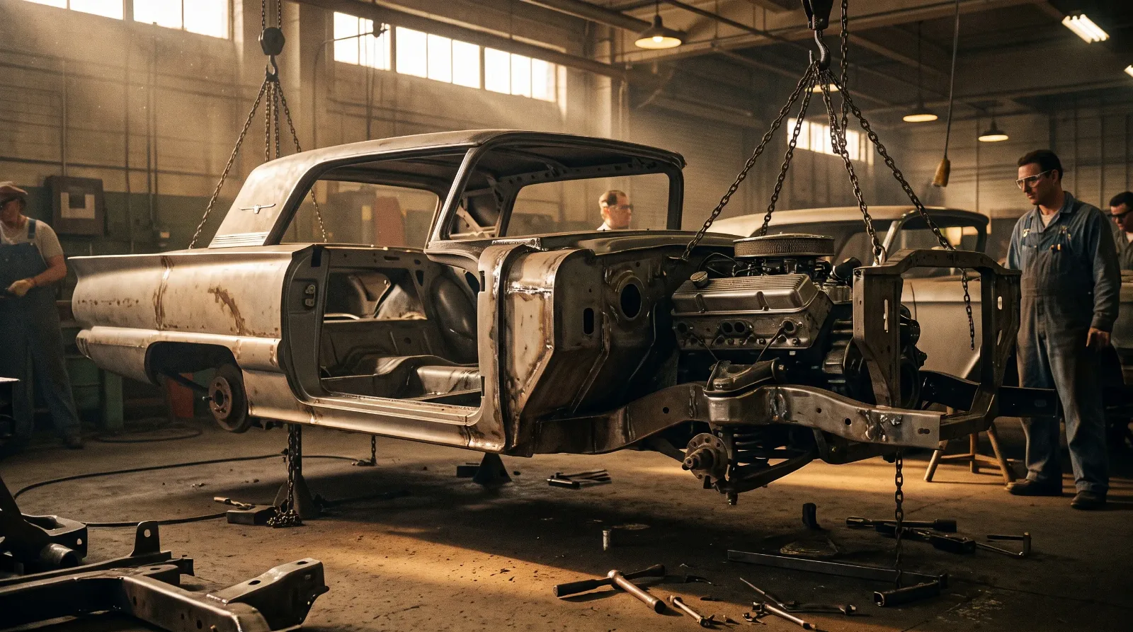 1958 Ford Thunderbird unibody steel structure on the factory floor