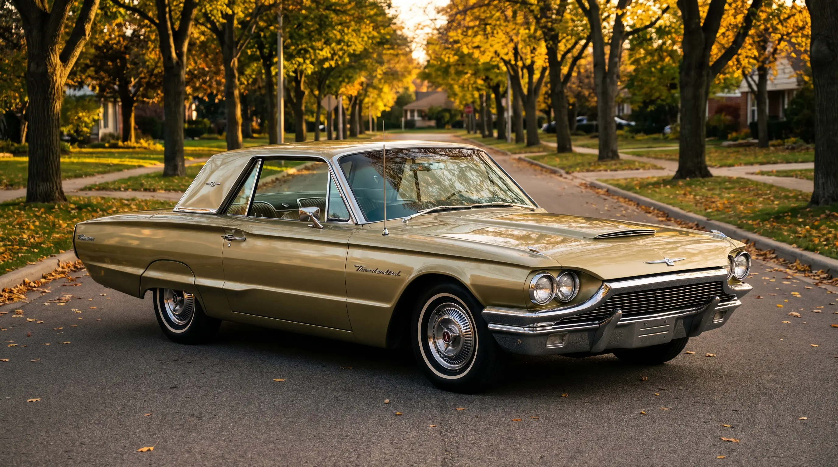 Ivy gold 1964 Ford Thunderbird Flair Bird on a tree lined boulevard in late afternoon light