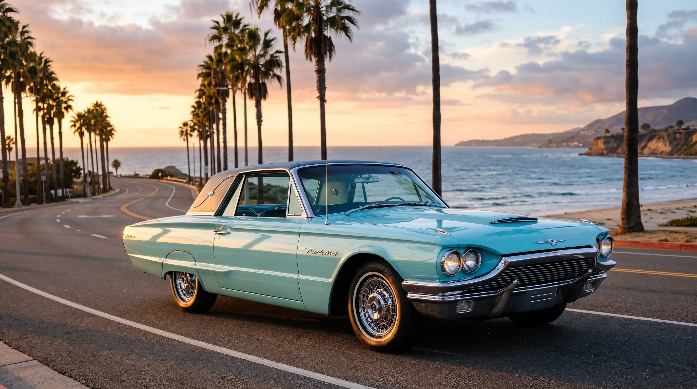 Pastel 1965 Ford Thunderbird Flair Bird on a palm-lined coastal boulevard