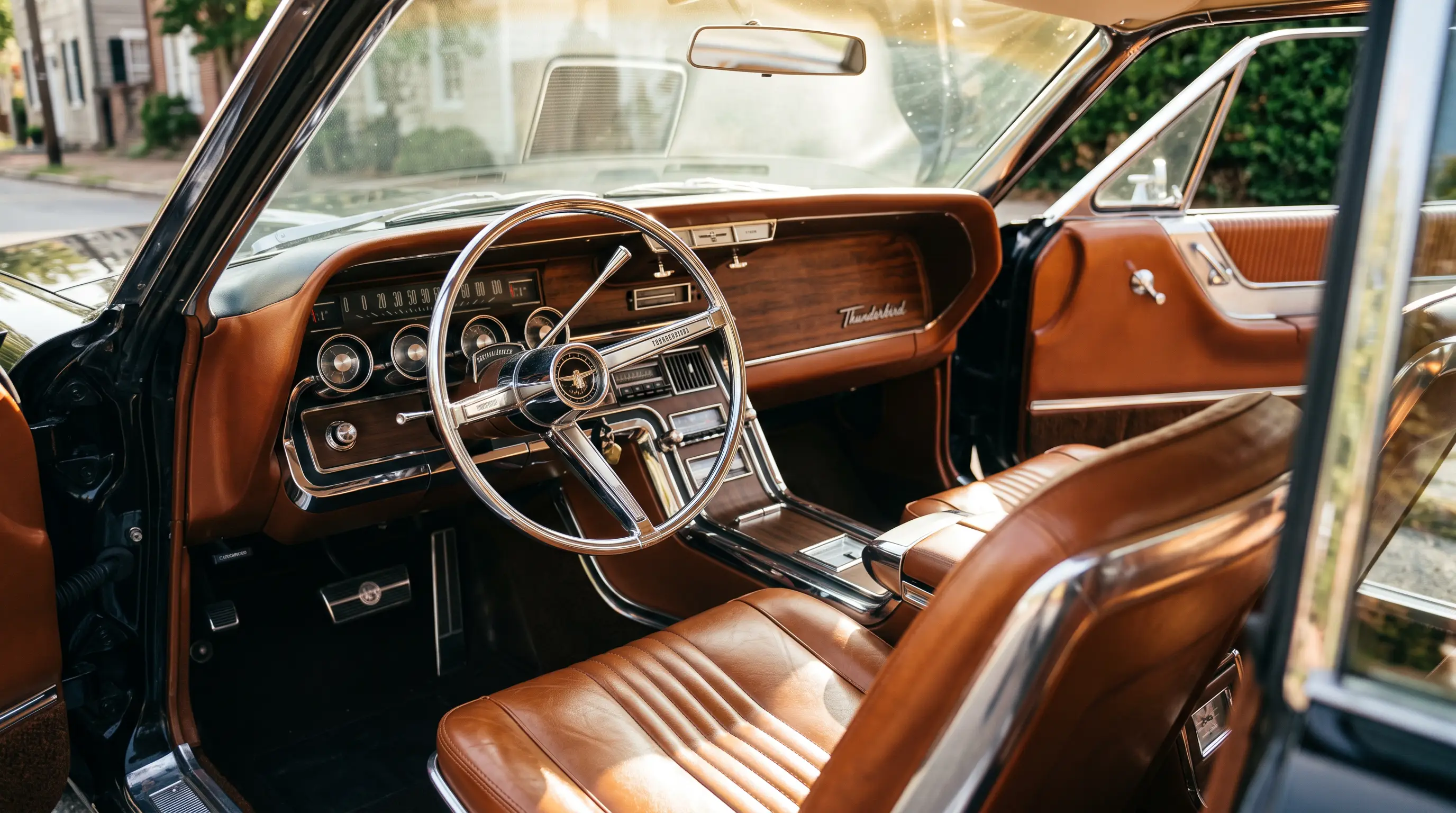 1966 Ford Thunderbird interior with Emberglo bucket seats and Swing Away steering wheel