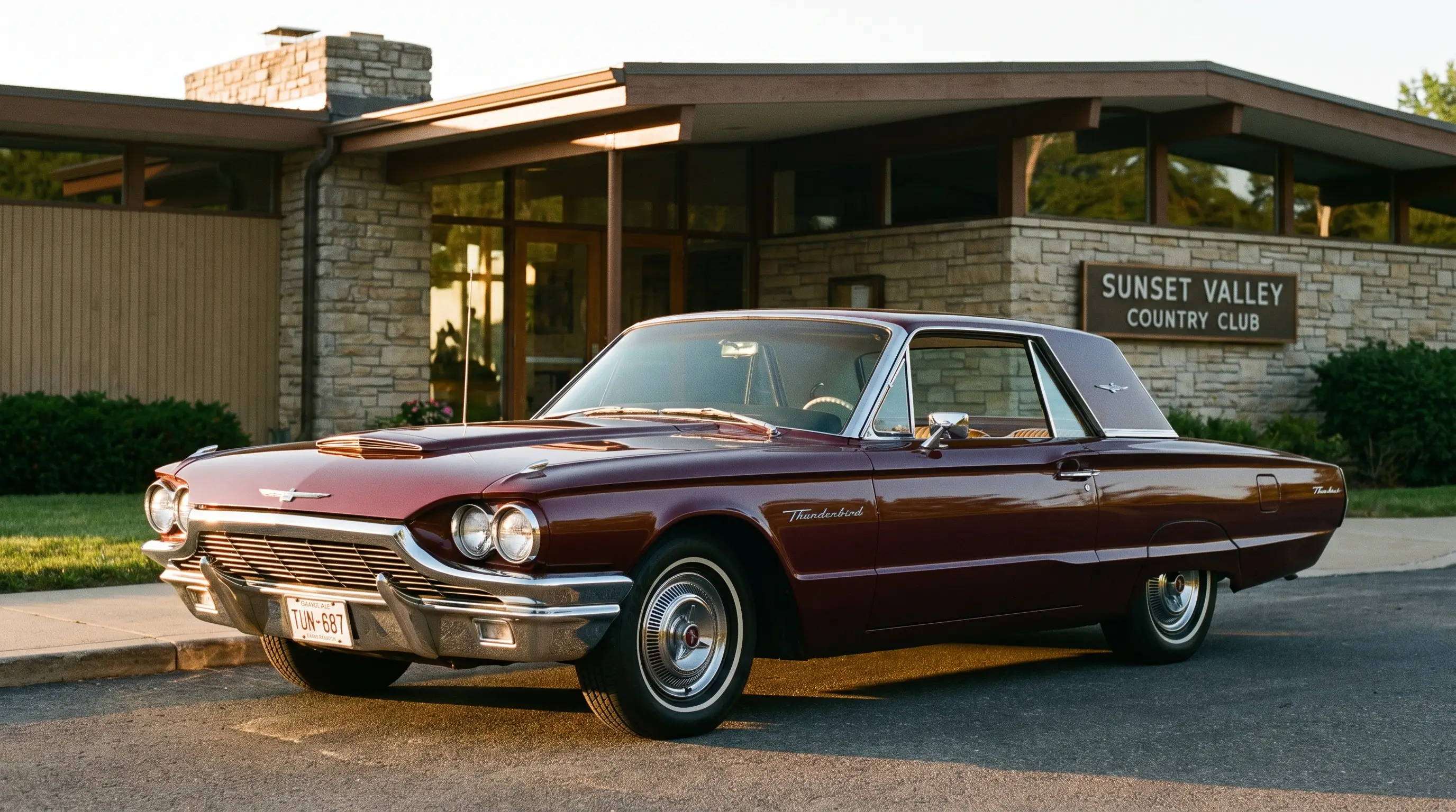 1964 Ford Thunderbird Flair Bird in burgundy parked at a mid century country club at golden hour