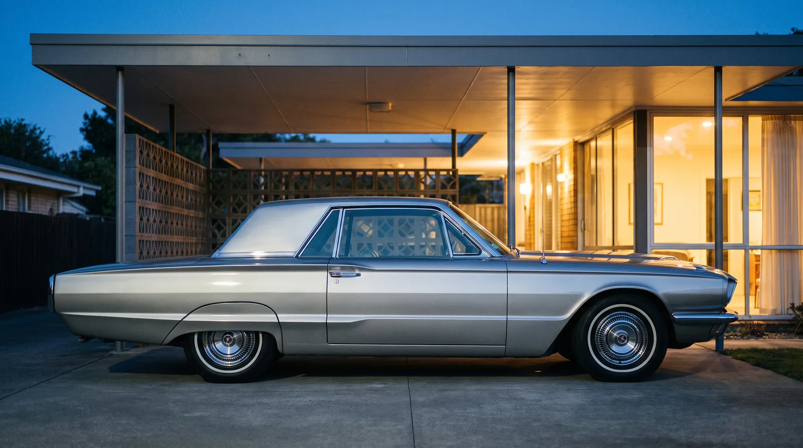 1966 Ford Thunderbird — Silver Mink hardtop under mid-century carport