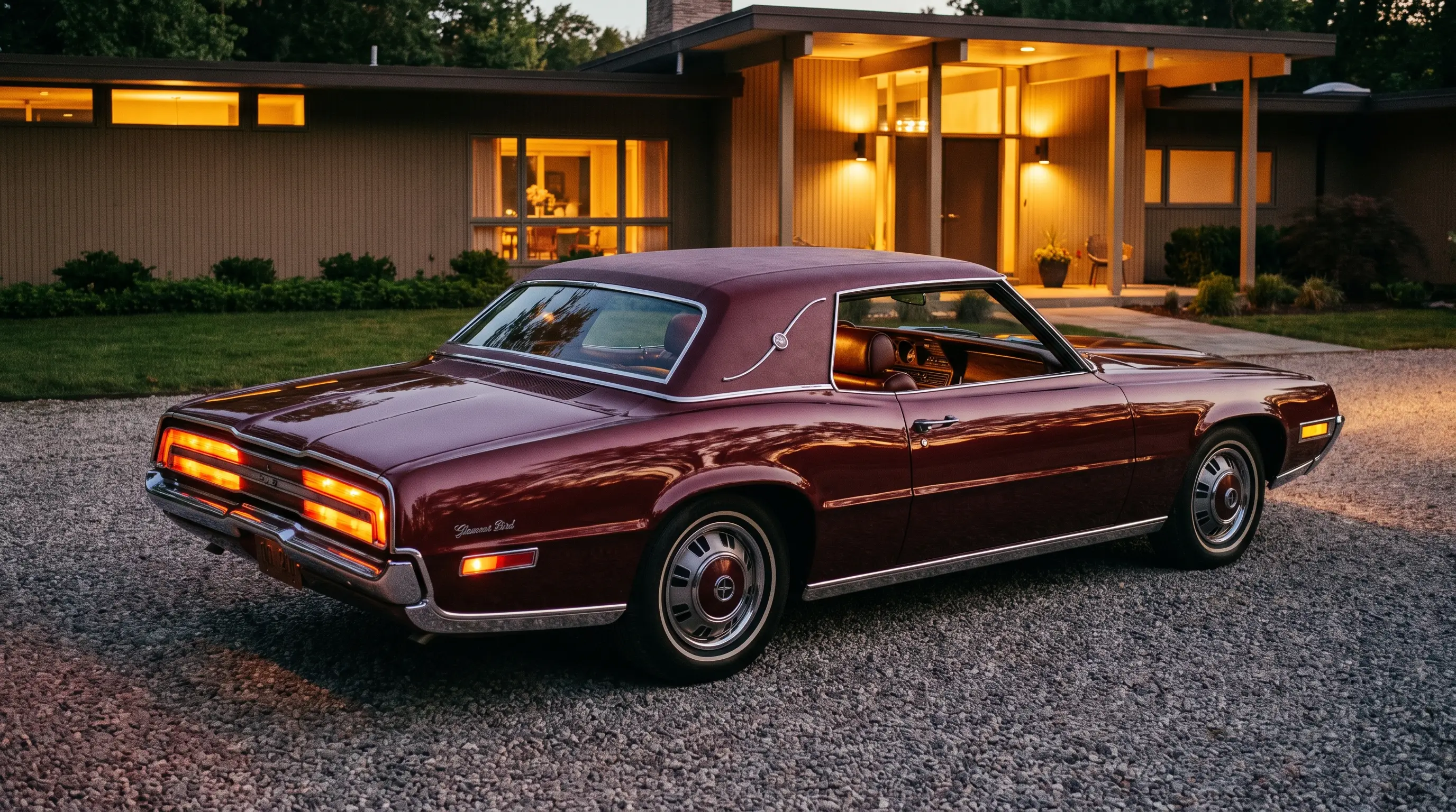 Burgundy 1969 Ford Thunderbird parked at an elegant estate at dusk