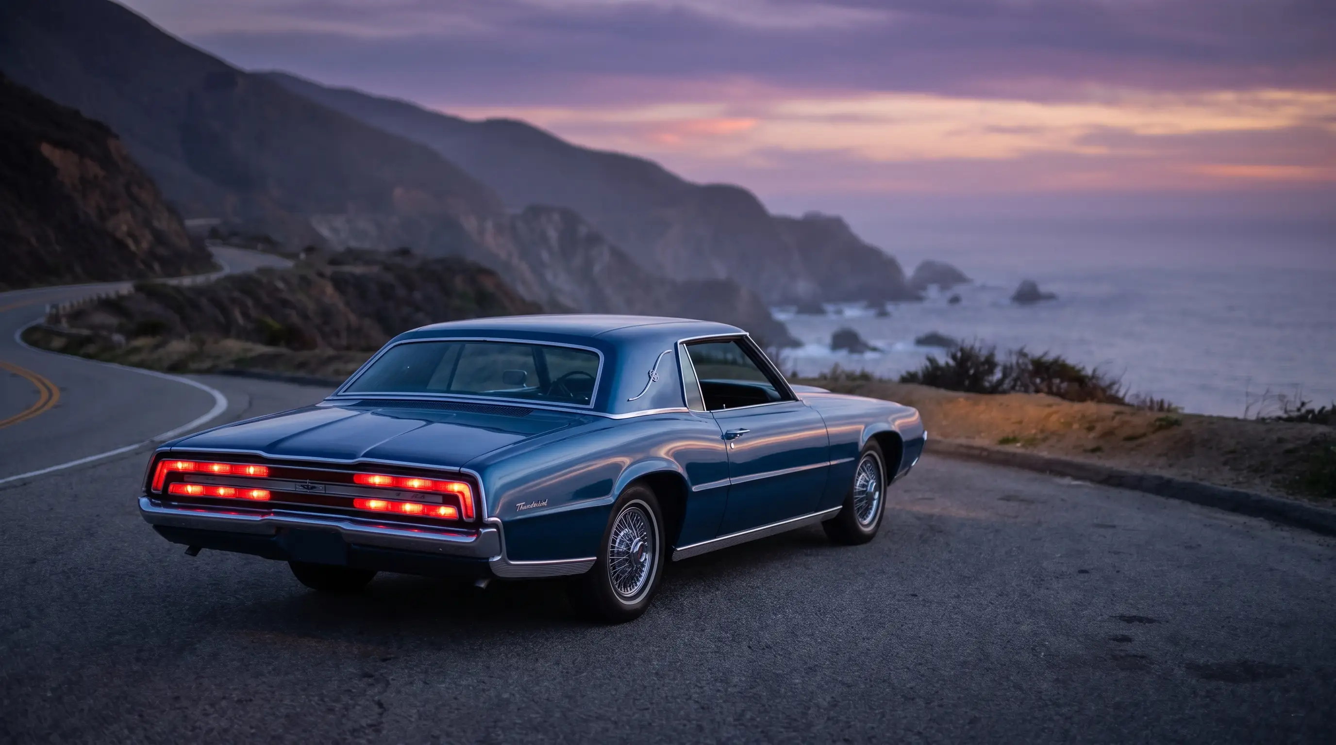 1967 Ford Thunderbird with hidden headlights on a coastal road at dusk