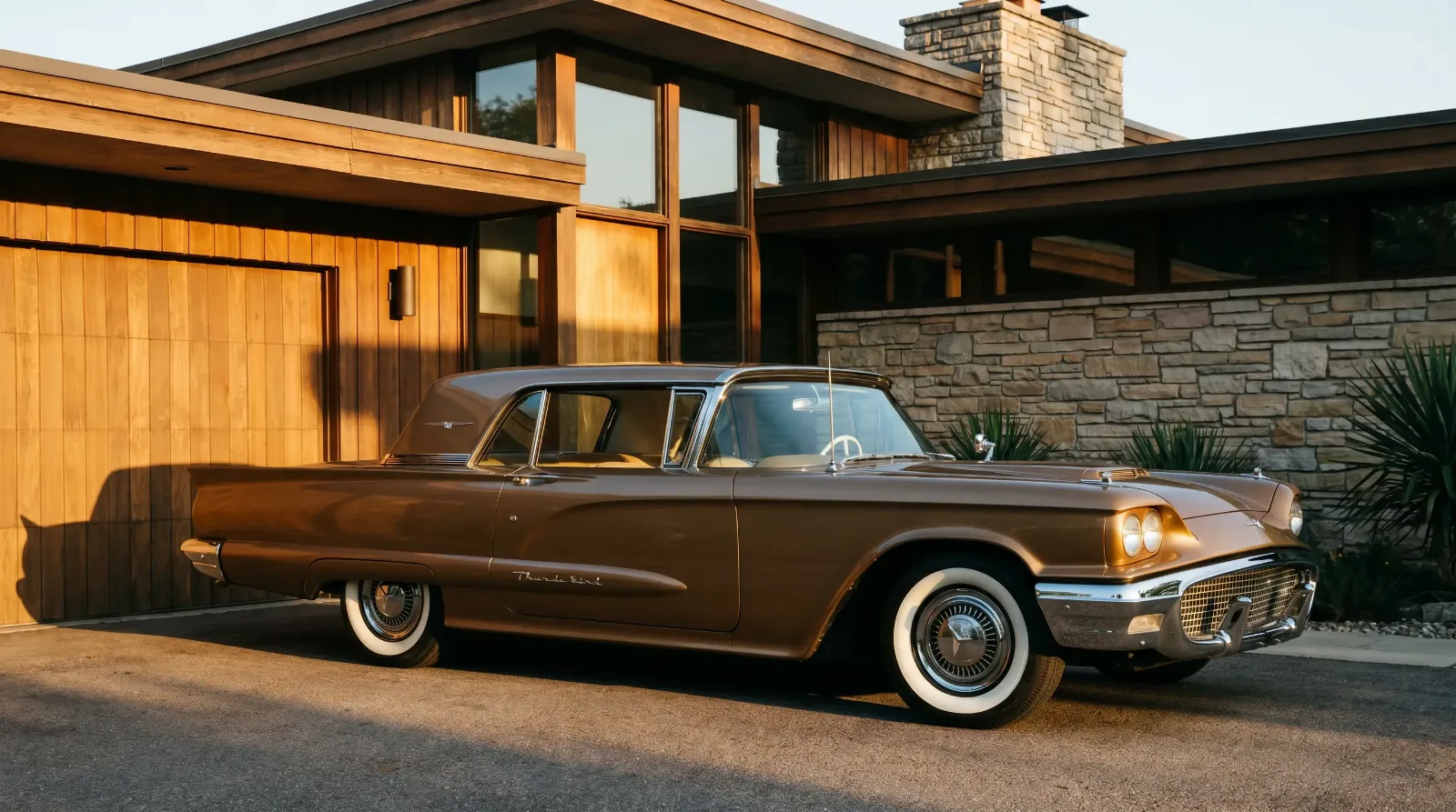 1958 Ford Thunderbird Square Bird hardtop coupe outside a mid-century modern home