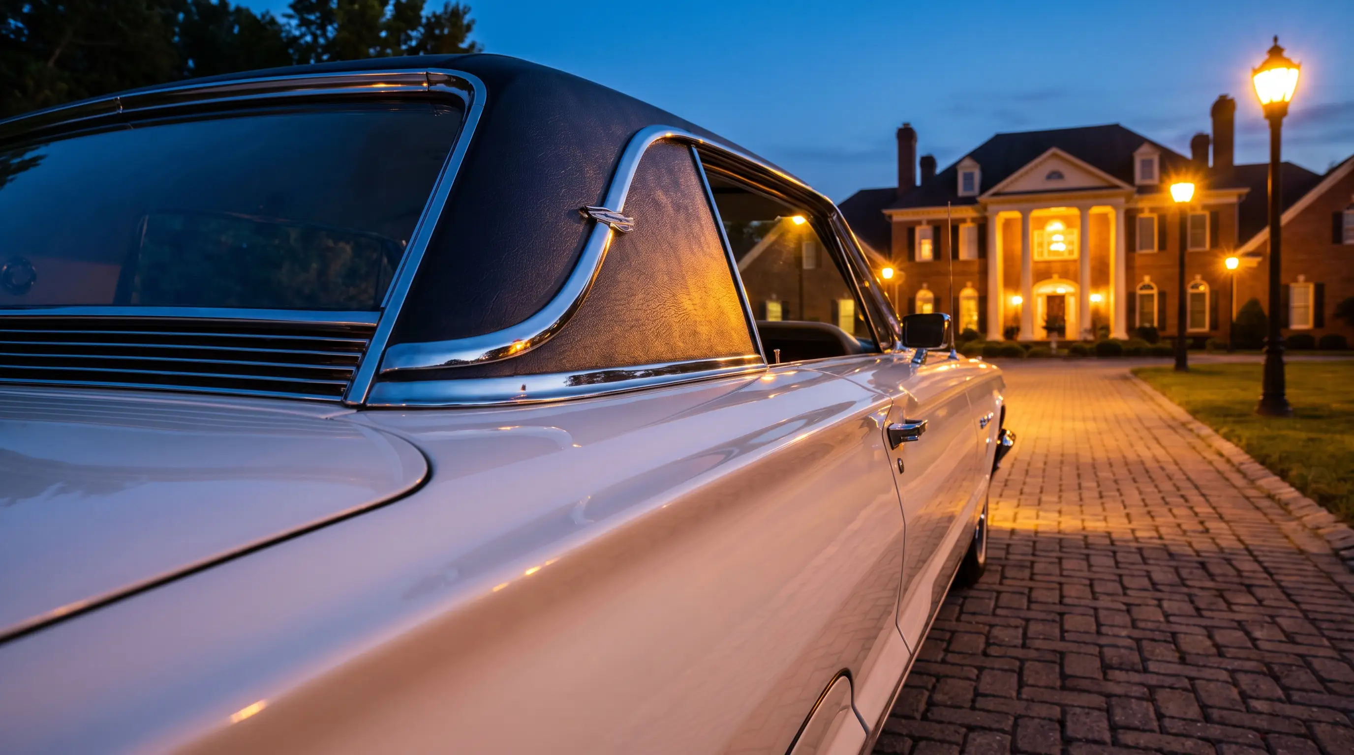 Rear quarter of a white 1964 Thunderbird Landau showing its black vinyl roof and Landau bar at dusk