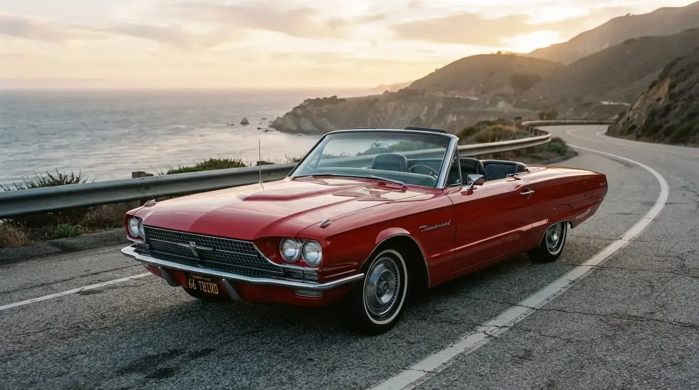 1966 Ford Thunderbird convertible with top down, three-quarter front view