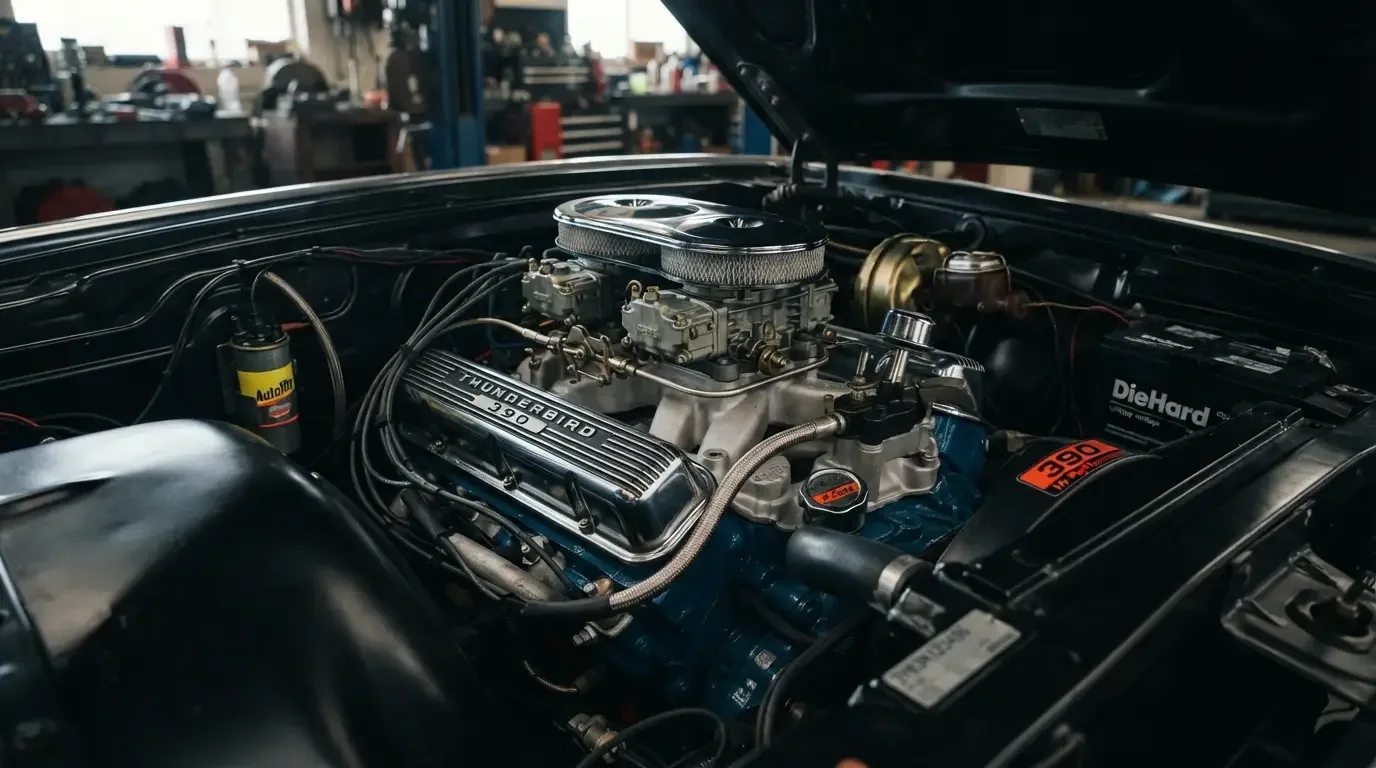 1963 Ford Thunderbird M-code Tri-Power 390 engine bay close-up
