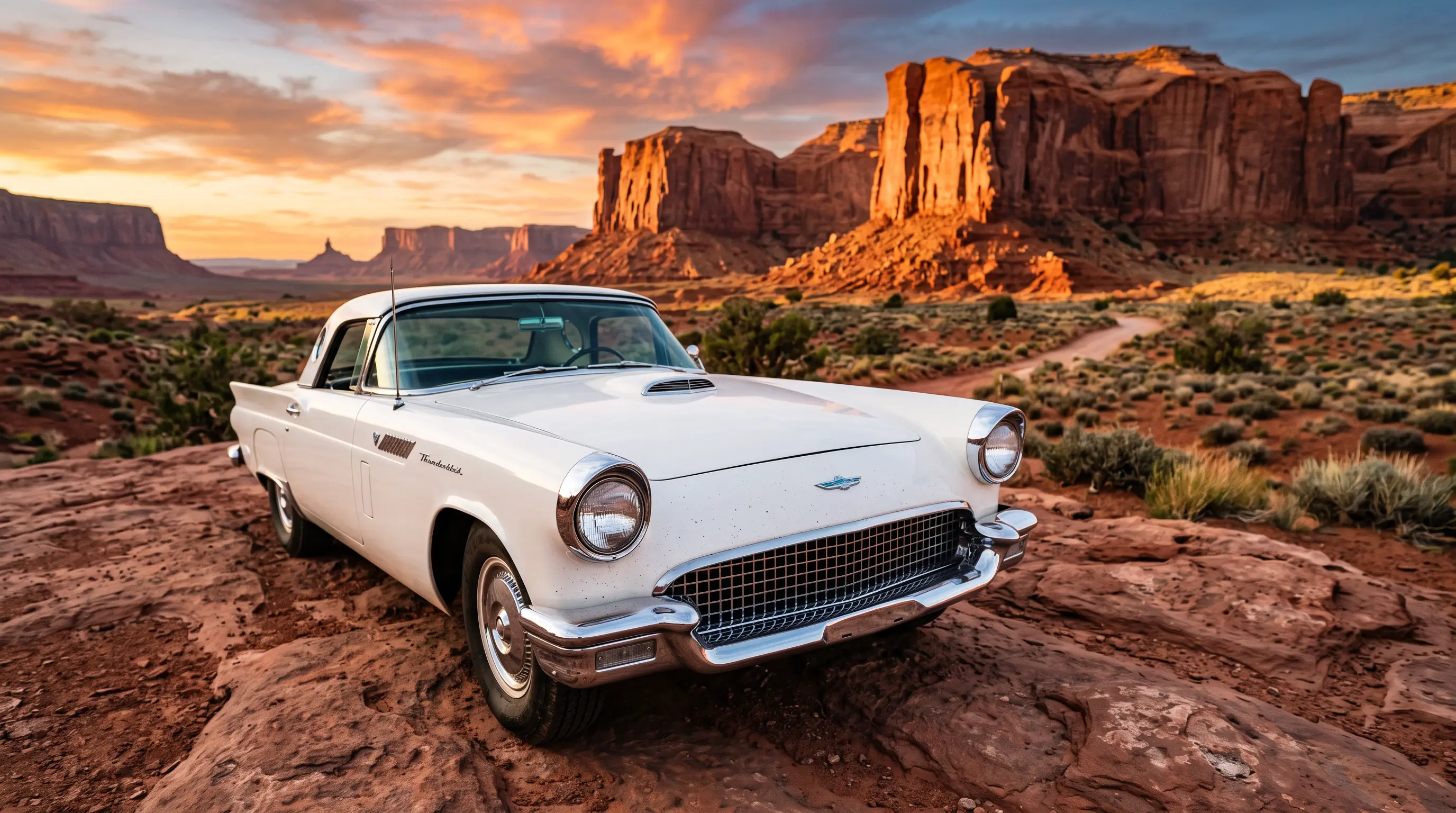 White 1955 Ford Thunderbird with its thunderbird hood emblem on desert red rock terrain at sunset