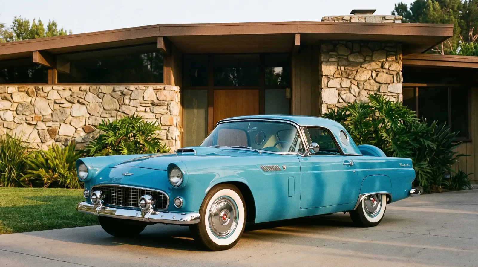 1955 Ford Thunderbird two-seater, personal luxury car parked in front of an upscale period home