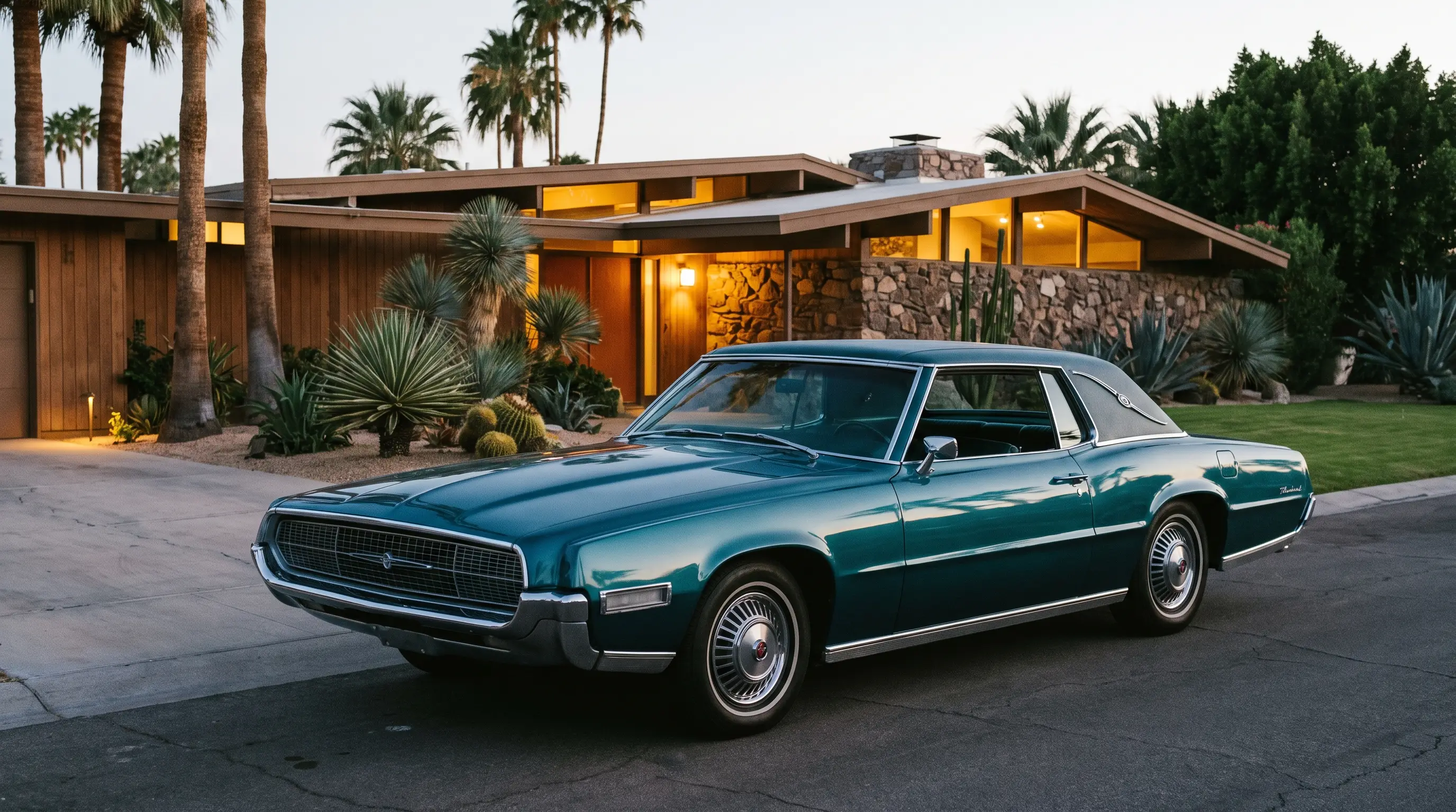 Late 1960s Ford Thunderbird personal luxury coupe outside a modern home at dusk