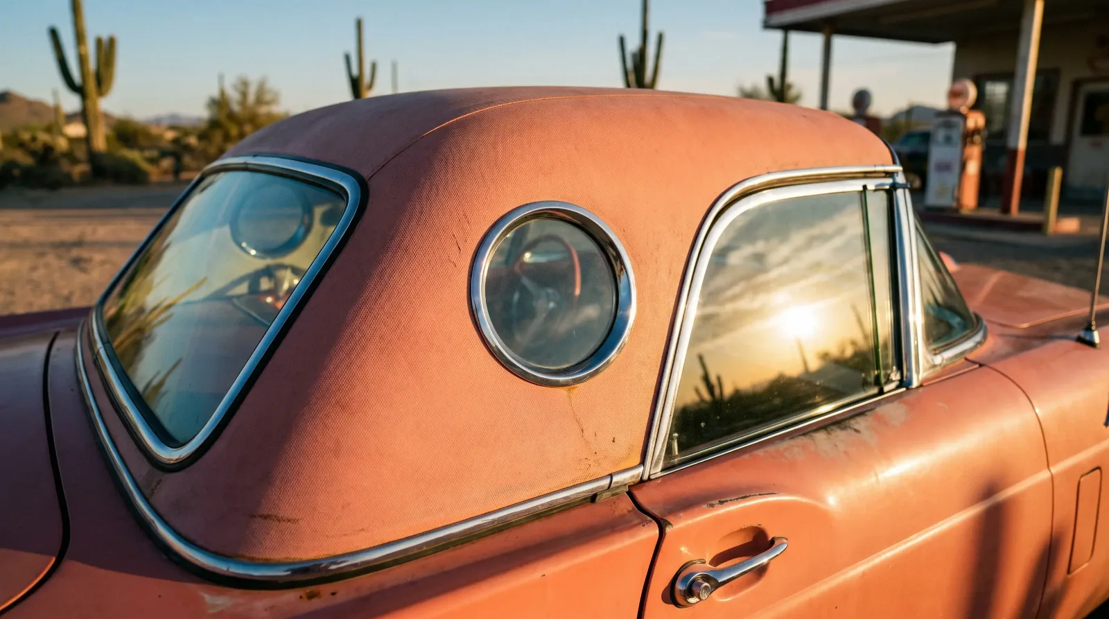 Close-up of a 1957 Ford Thunderbird porthole hardtop roof with the signature round window