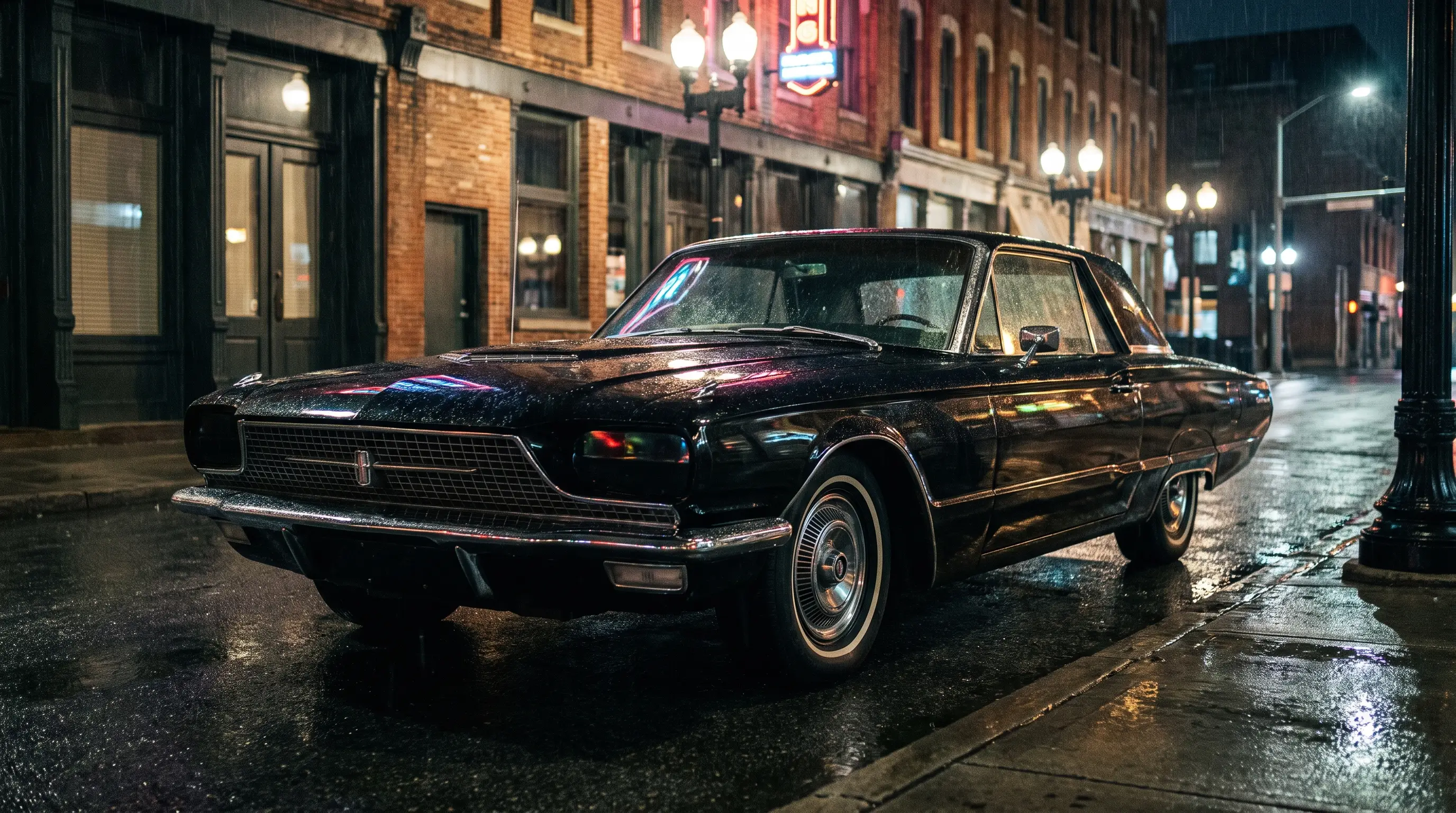 Black 1966 Ford Thunderbird with hidden headlights on a rain slicked city street at night
