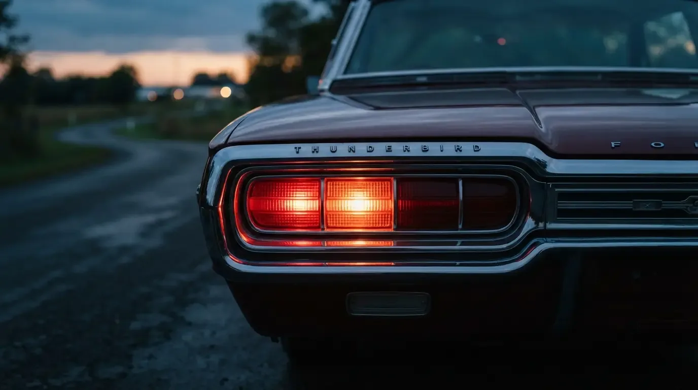 Close-up of 1965 Ford Thunderbird sequential turn signal taillights at dusk