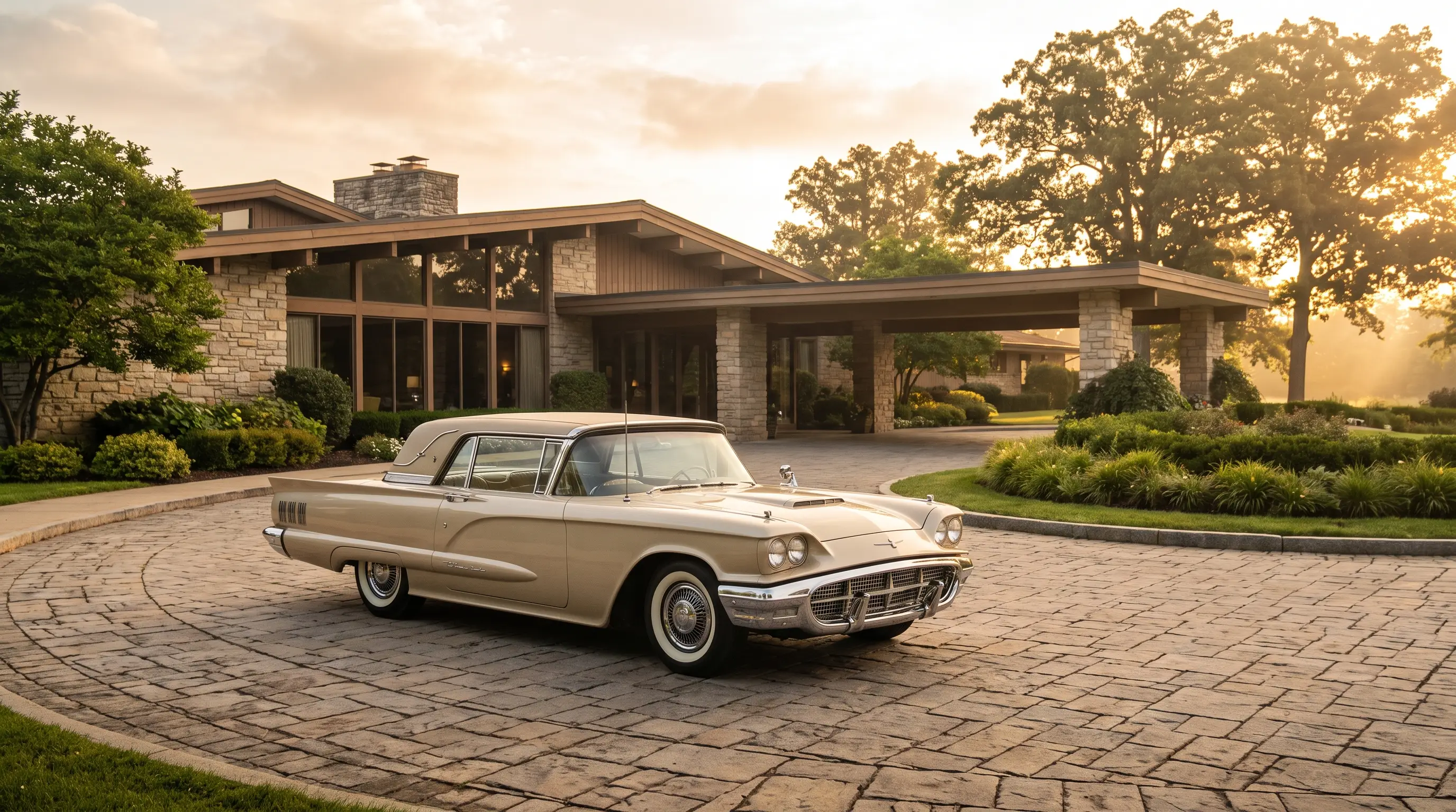 Gold 1958 Ford Thunderbird Special Landau parked outside a mid century country club at golden hour