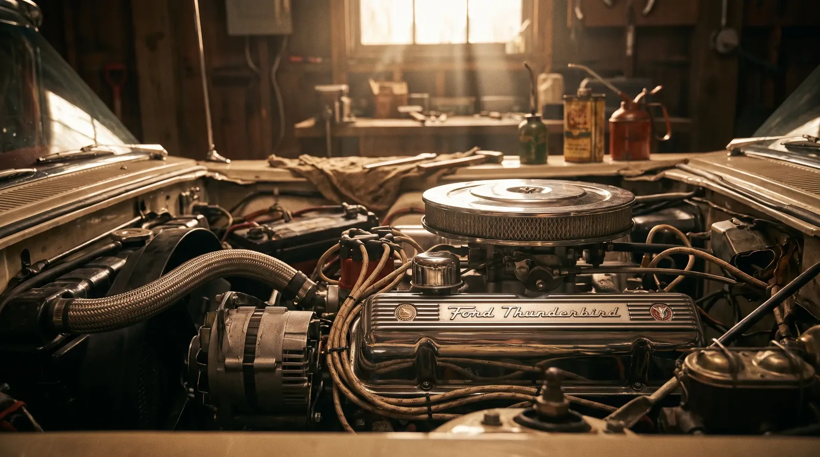 1959 Ford Thunderbird 430 cubic inch V8 engine bay with chrome valve covers