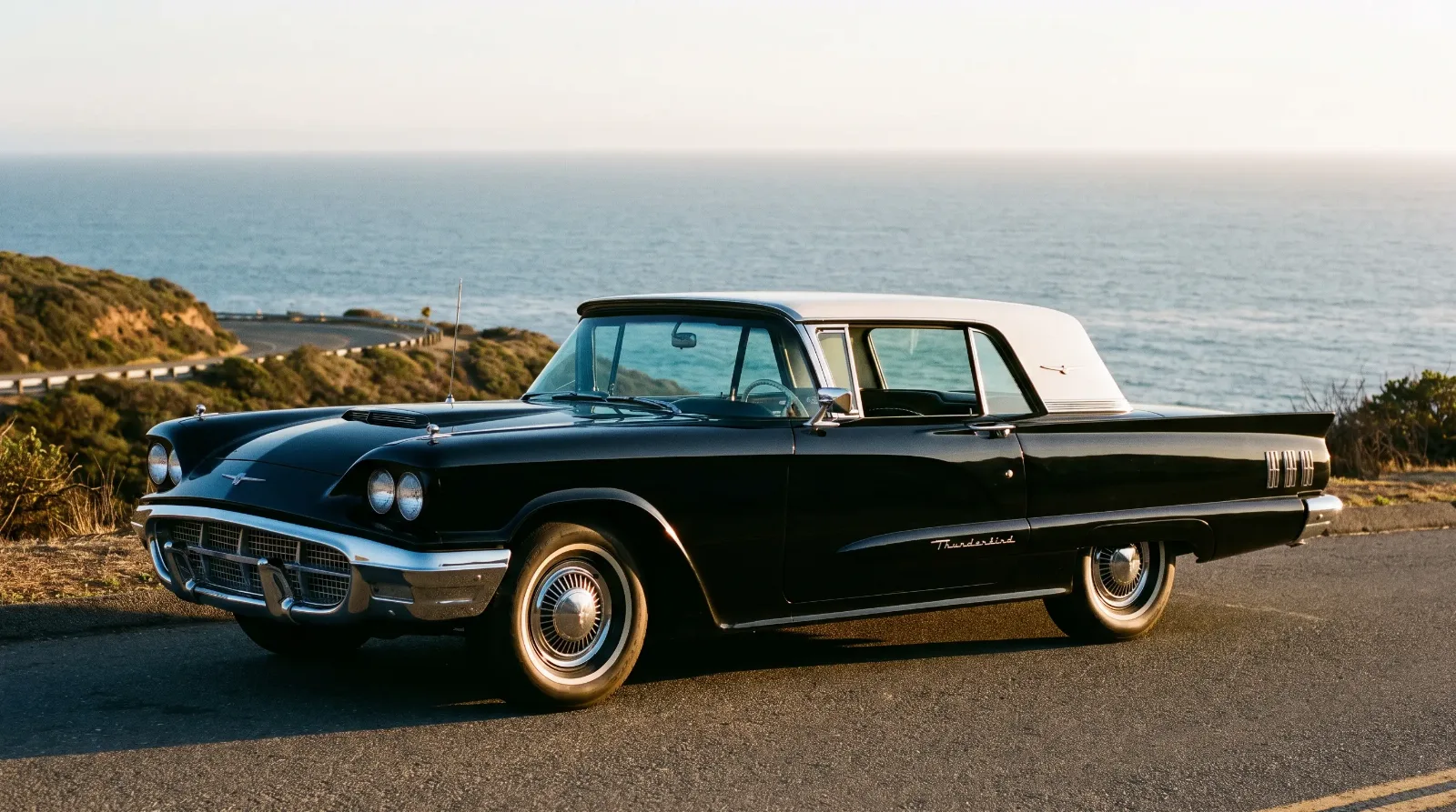 1958 Ford Thunderbird Square Bird hardtop coupe, side profile showing formal roofline and quad headlights