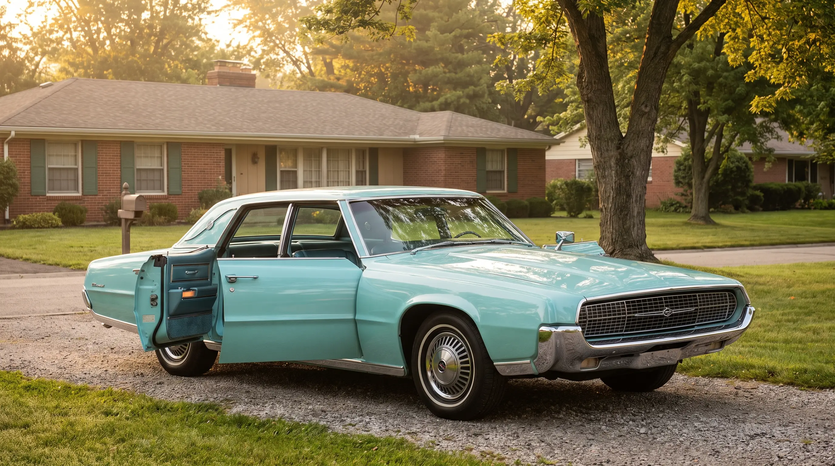 Turquoise 1967 Thunderbird four door sedan with rear suicide doors open in a driveway