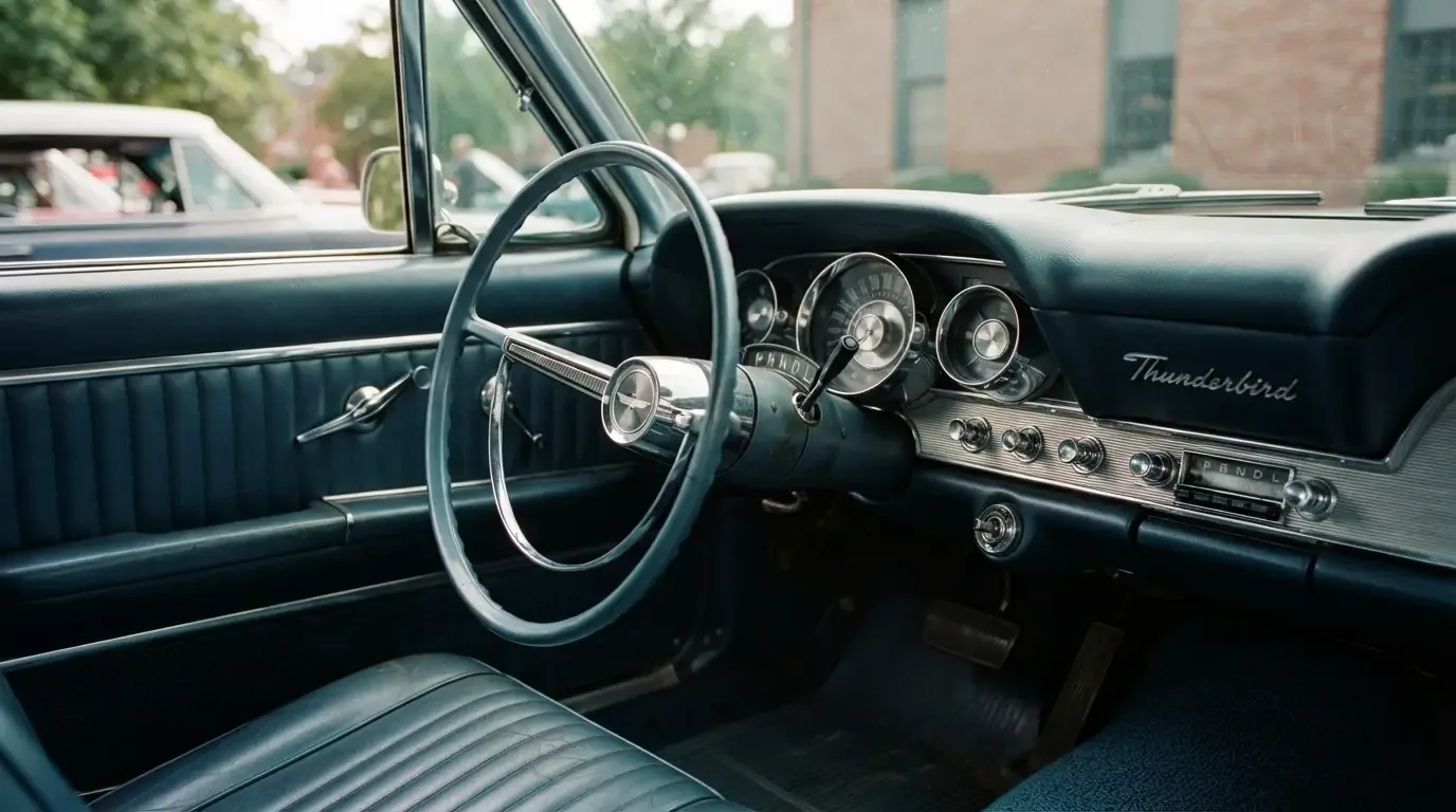 1961 Ford Thunderbird interior showing the swing-away steering wheel