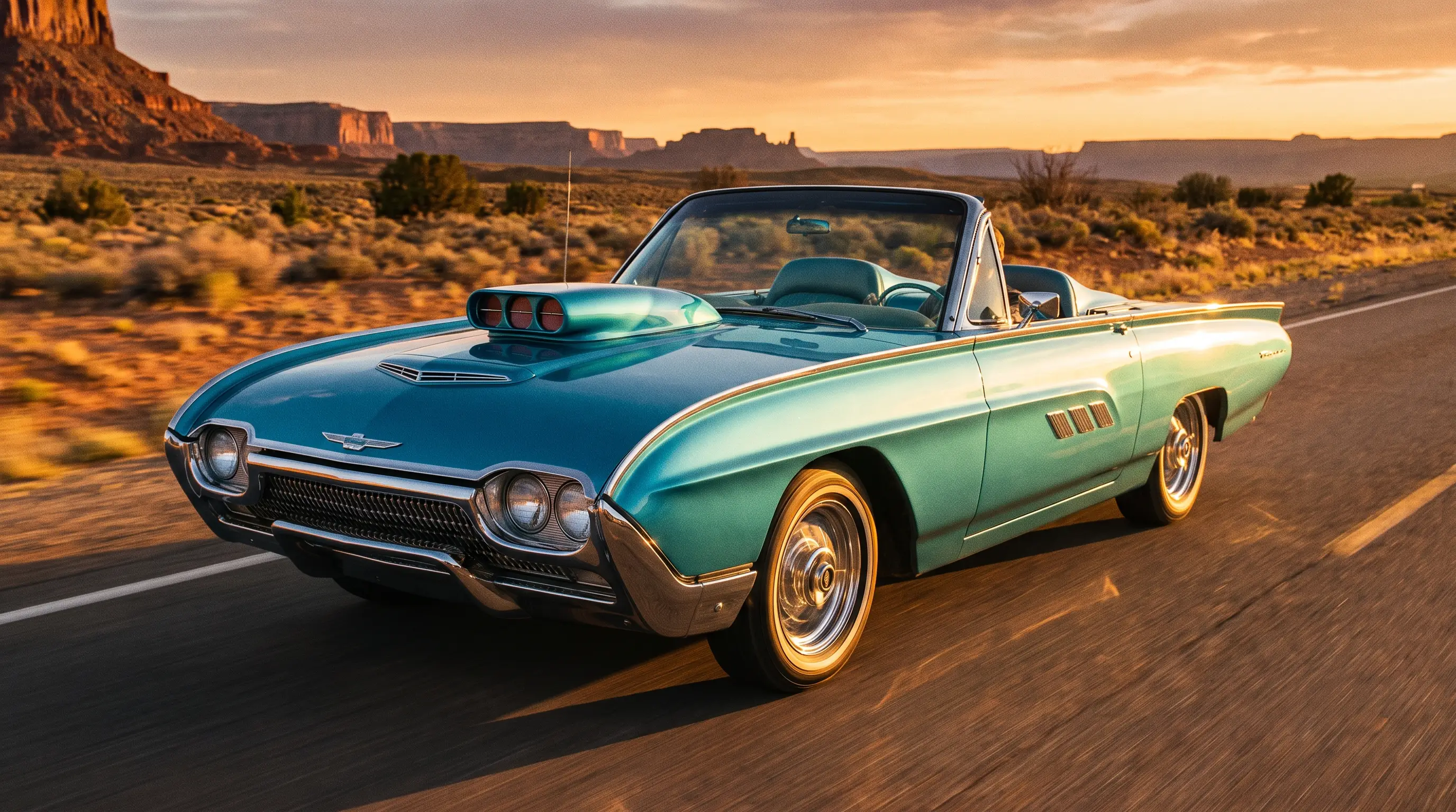 Turquoise 1963 Ford Thunderbird with Tri Power hood scoop on a desert highway at golden hour