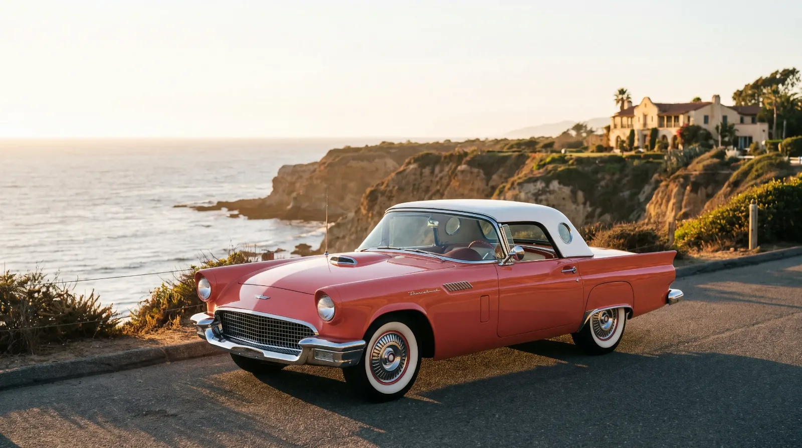 1957 Ford Thunderbird two-seat convertible in vibrant period color, three-quarter front view