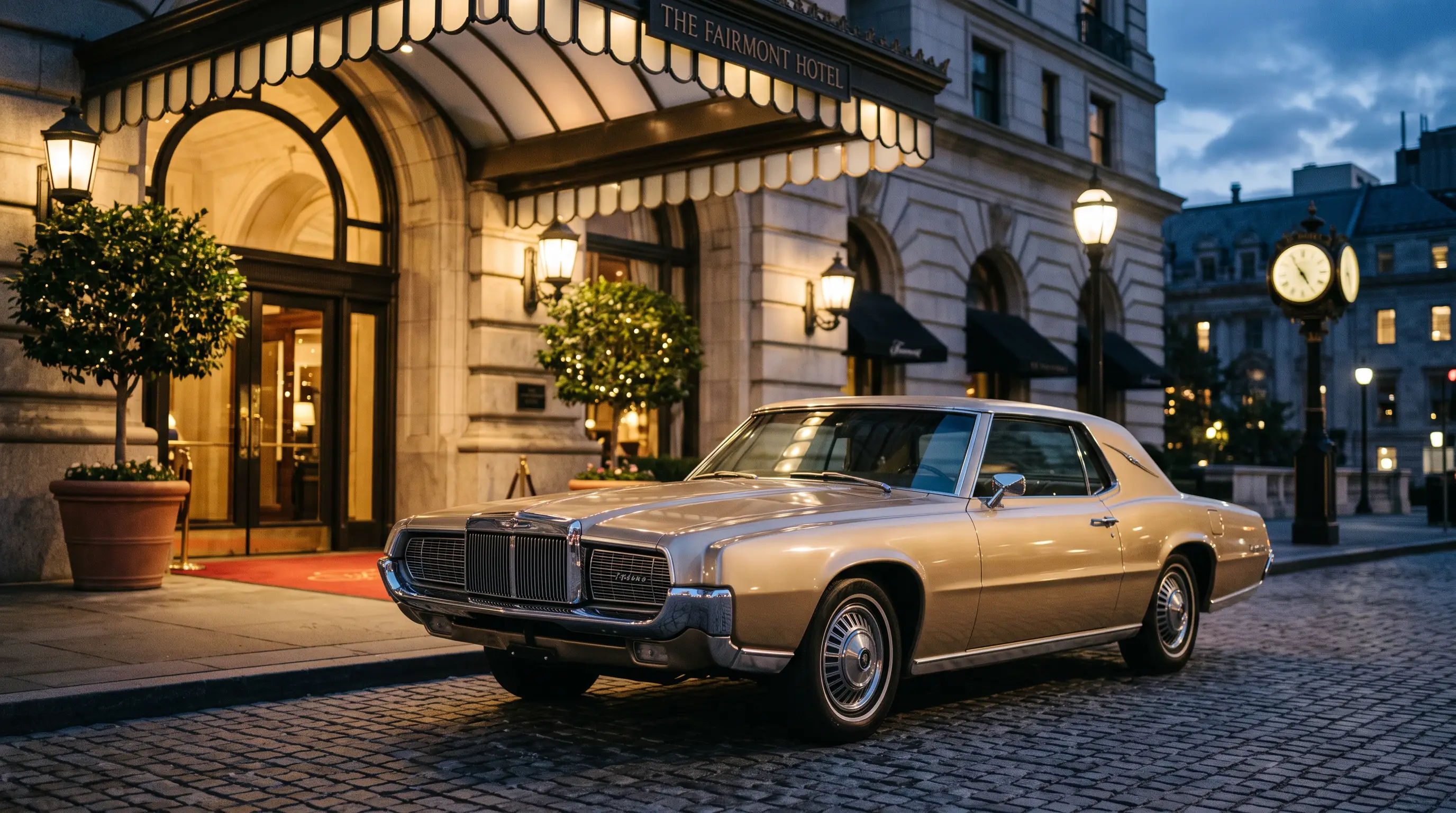 Champagne gold Ford Thunderbird outside an upscale hotel entrance at dusk