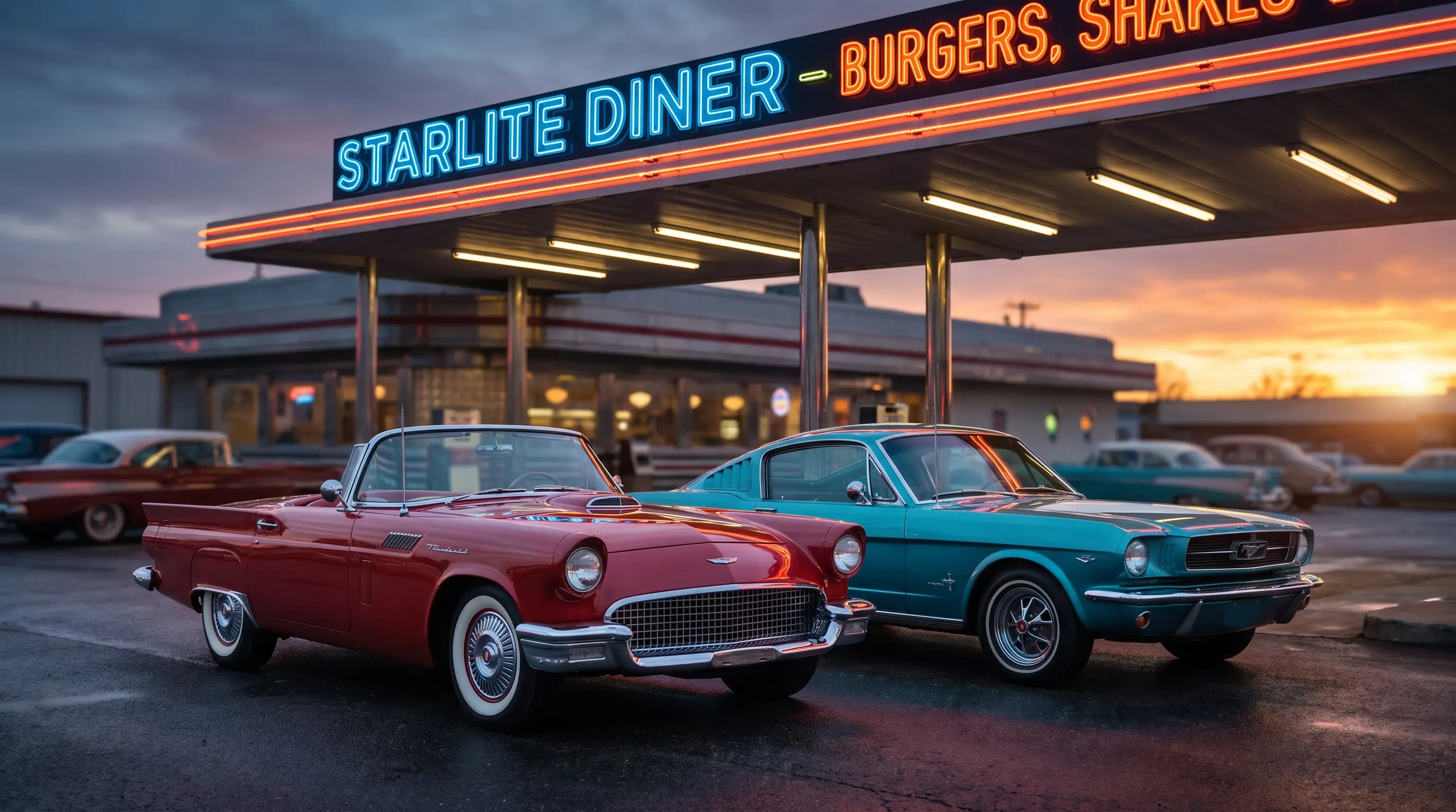 Classic Ford Thunderbird and Mustang parked together at a neon lit 1960s drive in diner