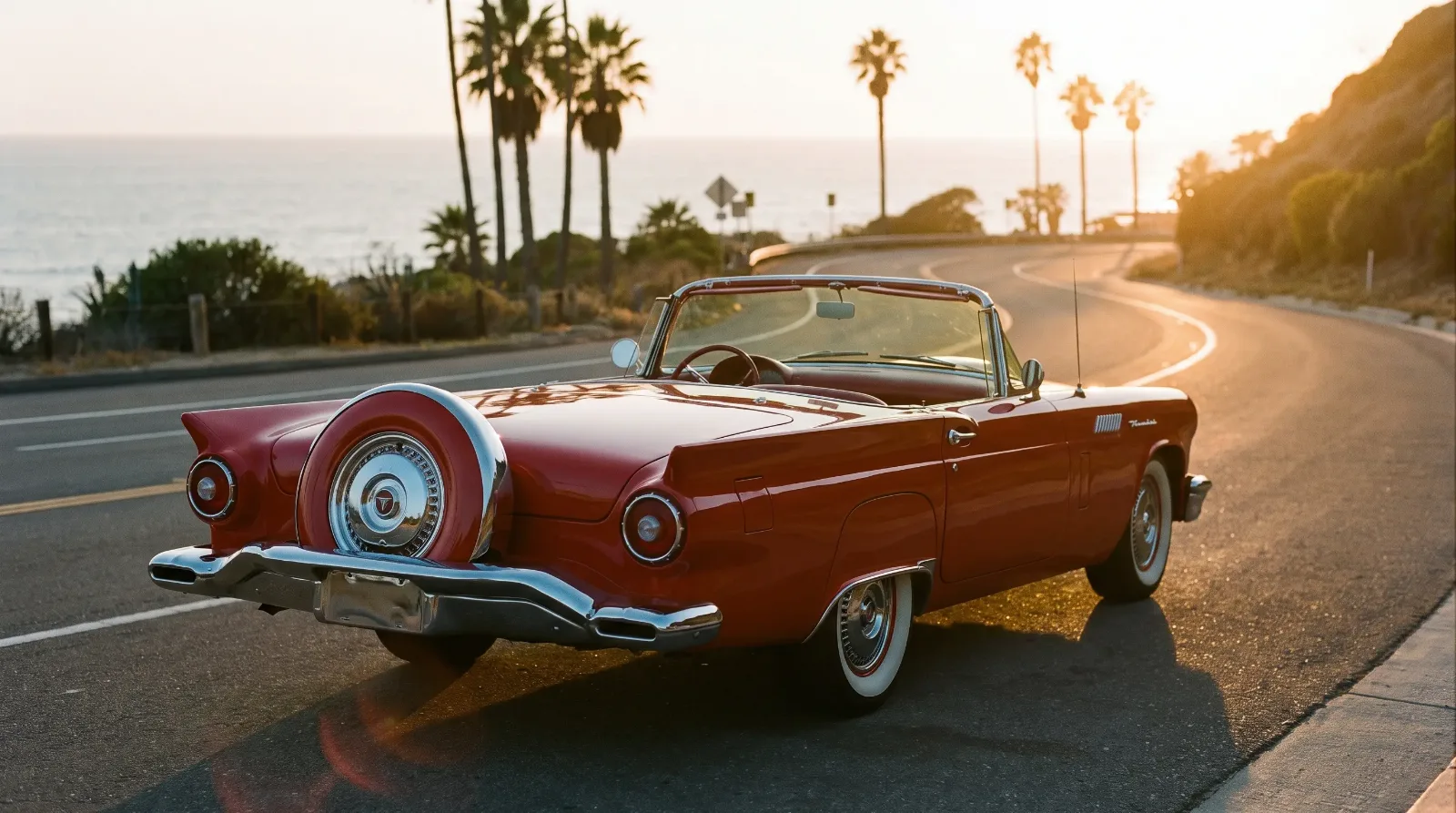 1957 Ford Thunderbird two-seat convertible in Torch Red, three-quarter rear view showing tailfins