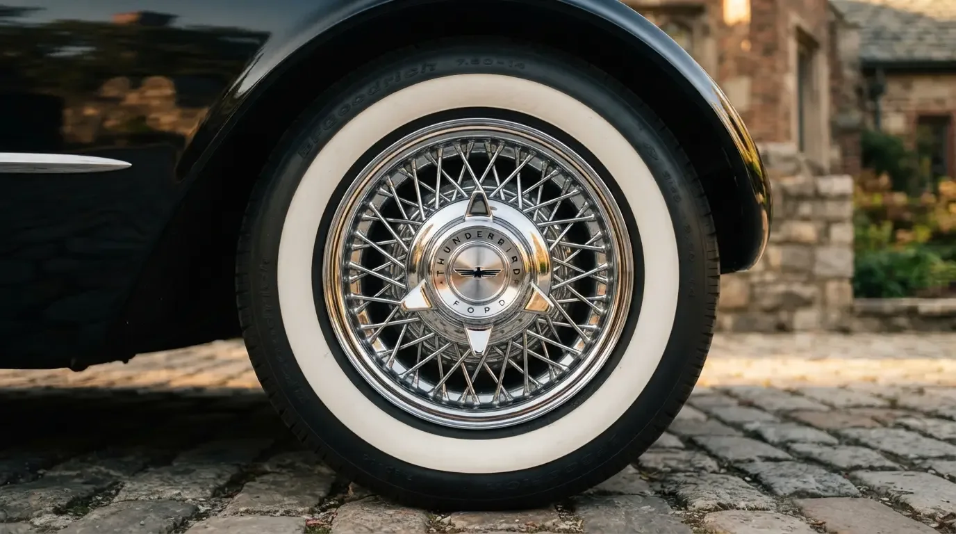 Close-up of Kelsey-Hayes chrome wire wheel on a Thunderbird Sports Roadster