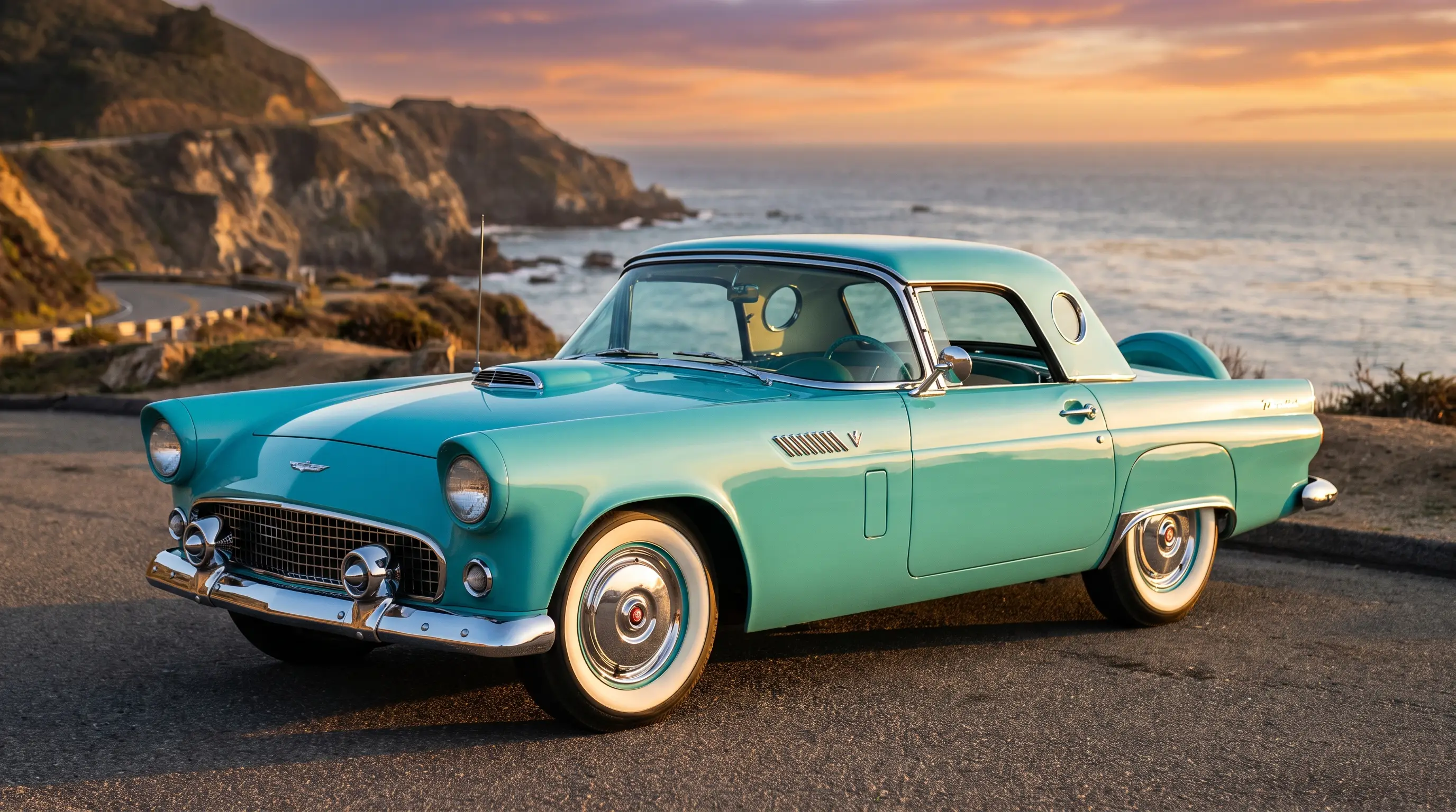 1956 Ford Thunderbird two seater in turquoise on a coastal highway at sunset