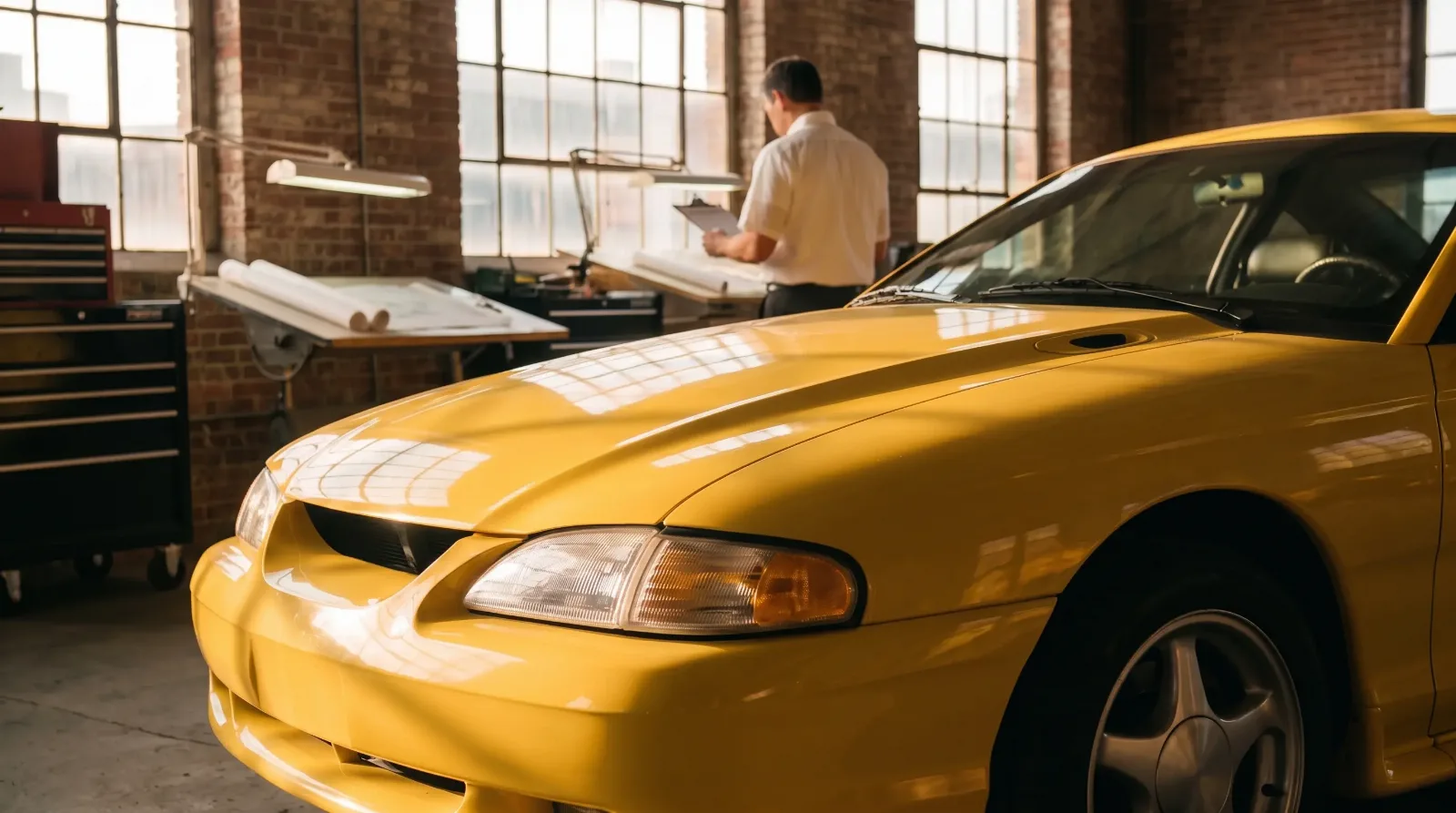 1994 Ford Mustang GT coupe, inside a warehouse workshop