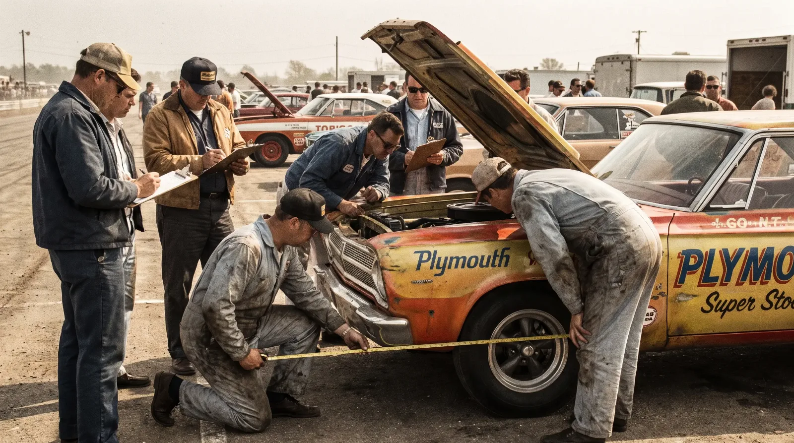 Officials inspecting a Super Stock race car in a 1960s drag strip tech line
