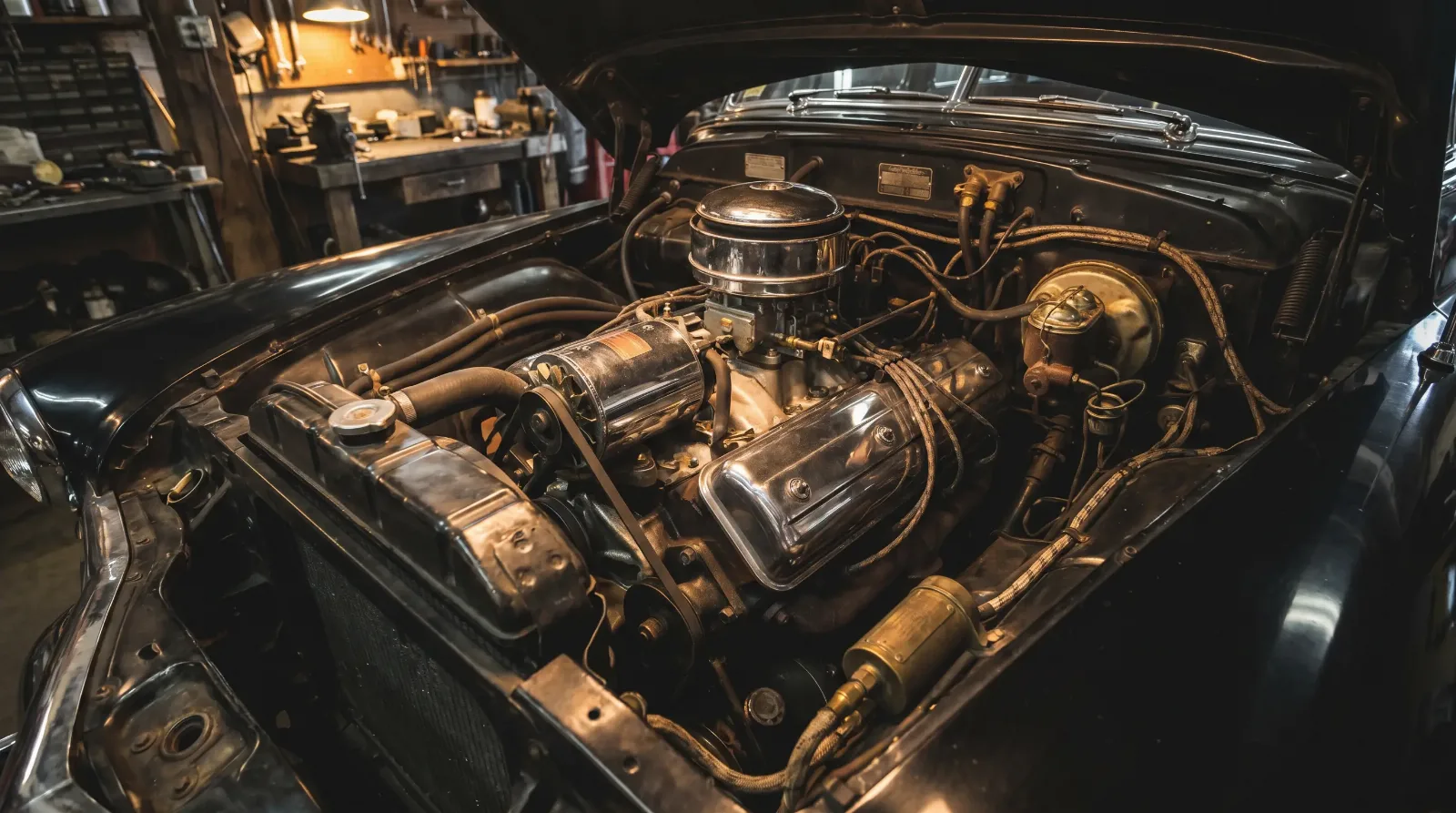 1940s V12 flathead engine in the engine bay